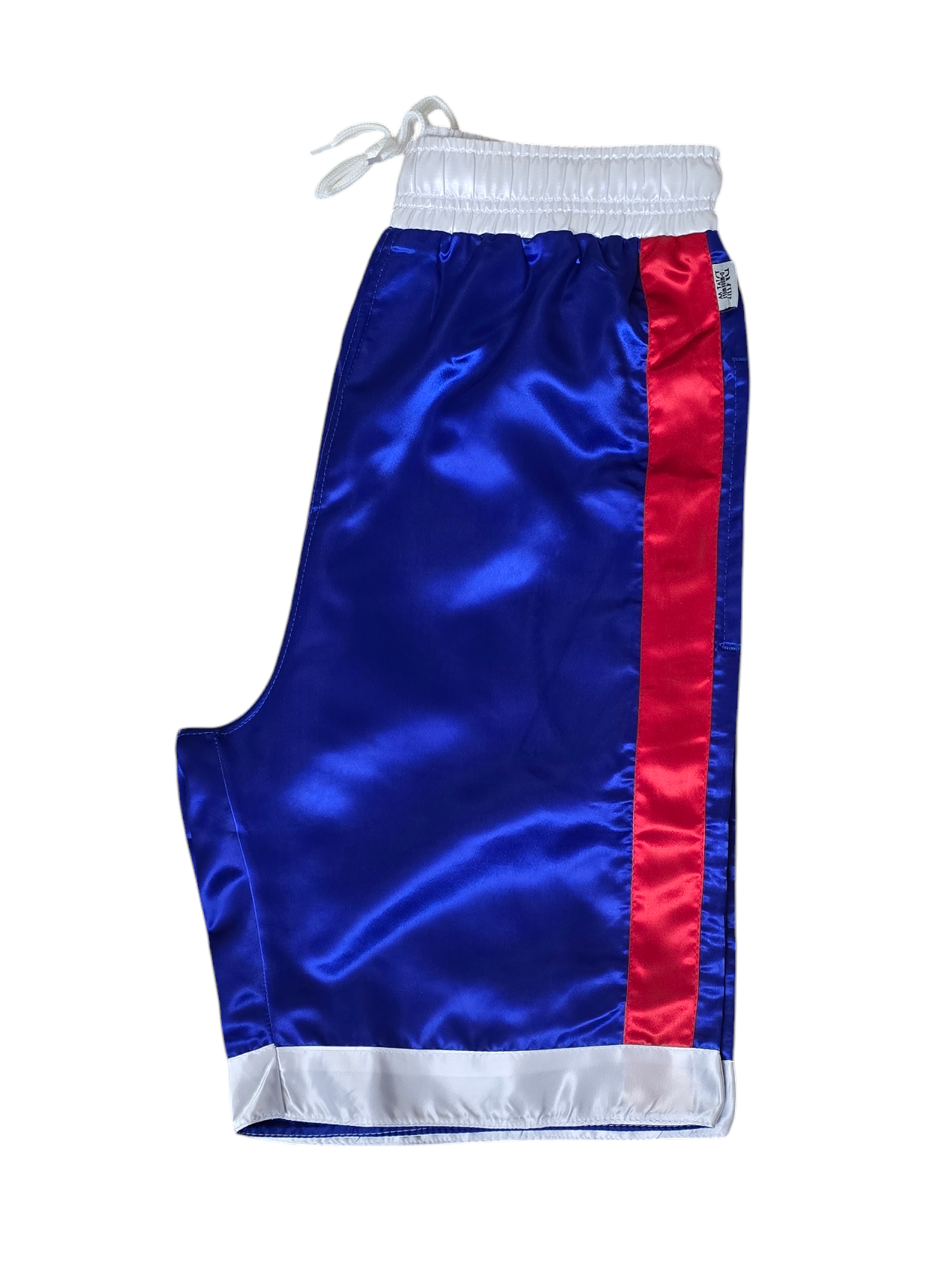 Glossy White Sports Shorts with Royal Blue and Whie/Red Stripes.