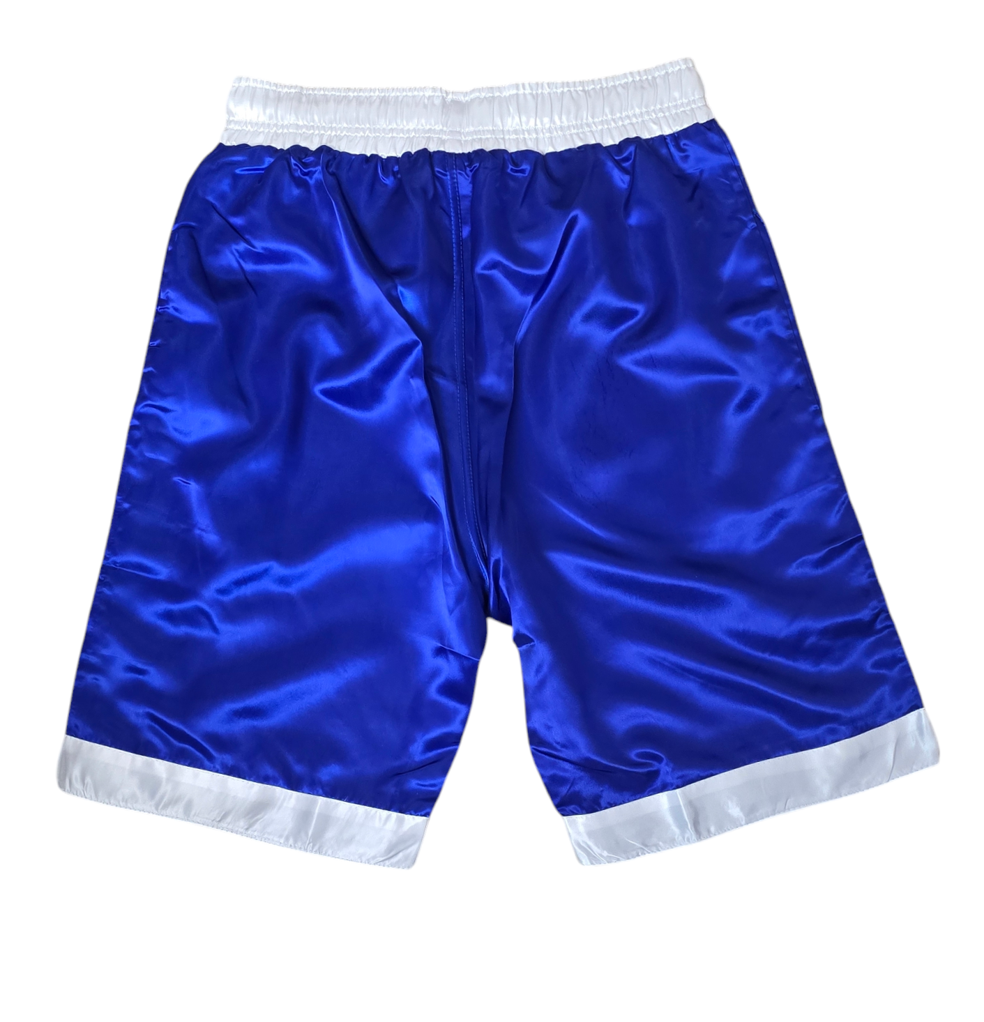 Glossy White Sports Shorts with Royal Blue and Whie/Red Stripes.