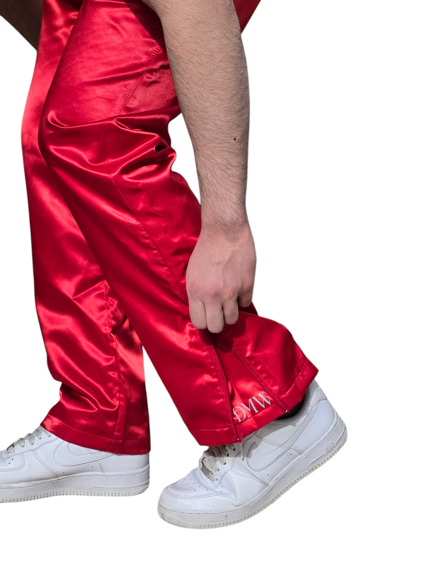 .Rote Glänzende Satin-Trainingshose – Sportliche Jogger mit Mesh-Innenfutter & seitlichen Reißverschlüssen für Komfort & Stil