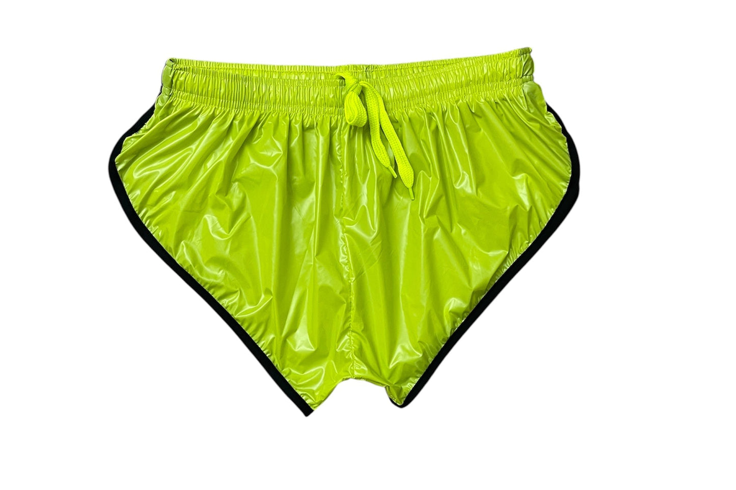PU Nylon Neon Grün Schwarz High Cut Sport Sprint Shorts mit Gummizug Retro Shorts