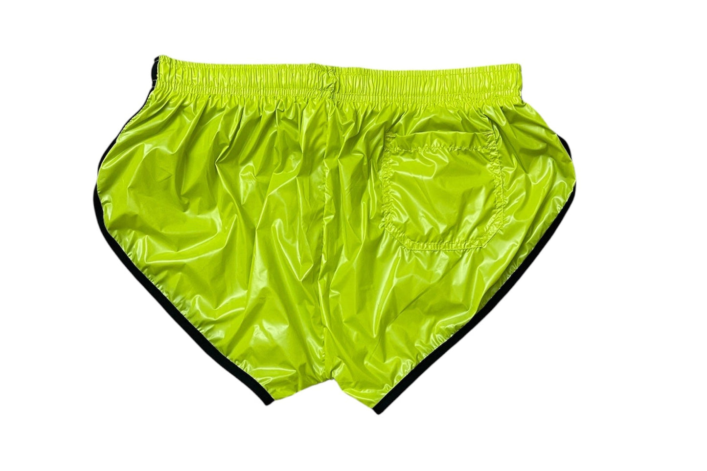 PU Nylon Neon Grün Schwarz High Cut Sport Sprint Shorts mit Gummizug Retro Shorts