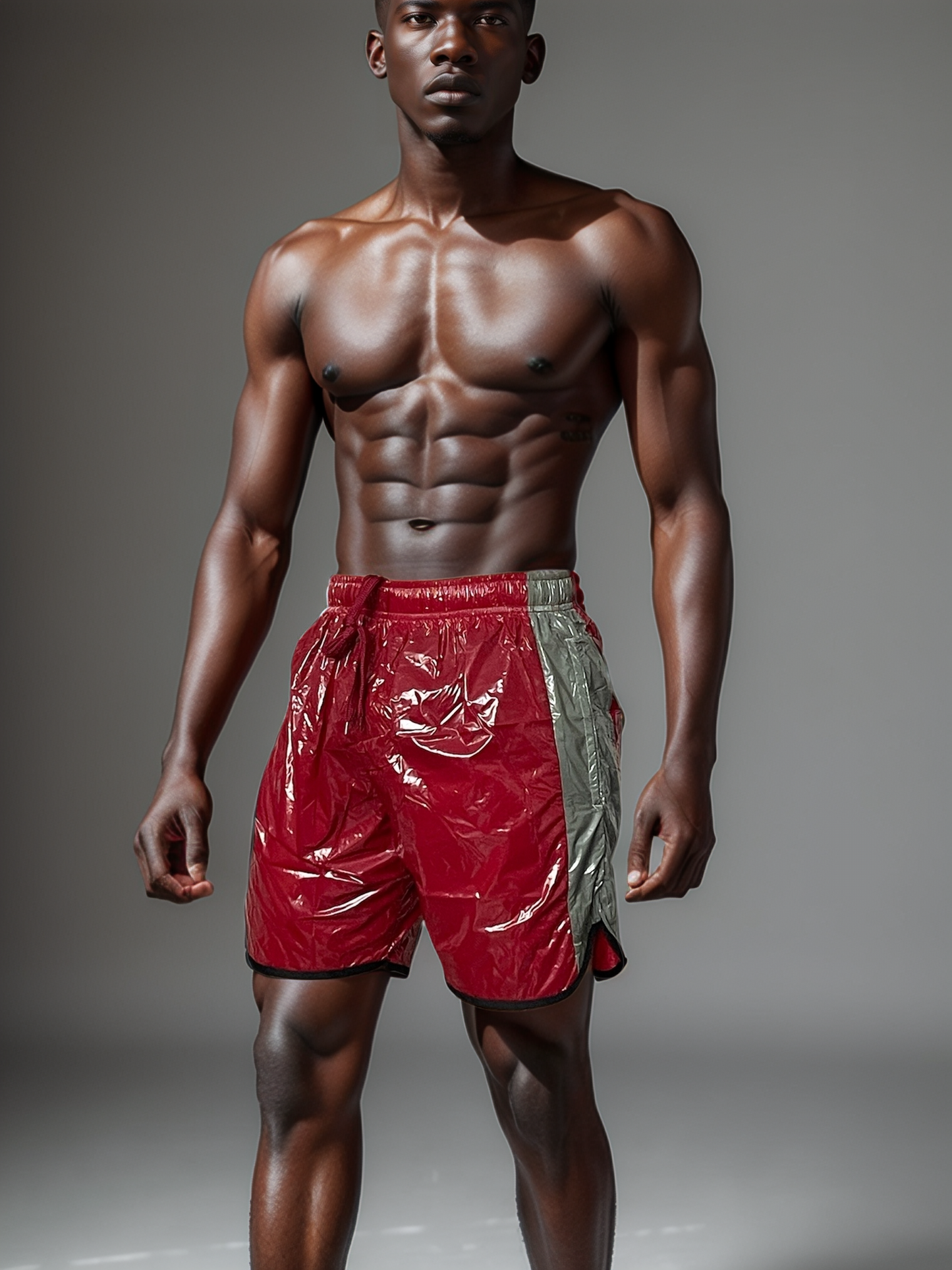 Red Grey Shiny PU Nylon Fitness Shorts, AeroFlex, flexibke sweat Short
