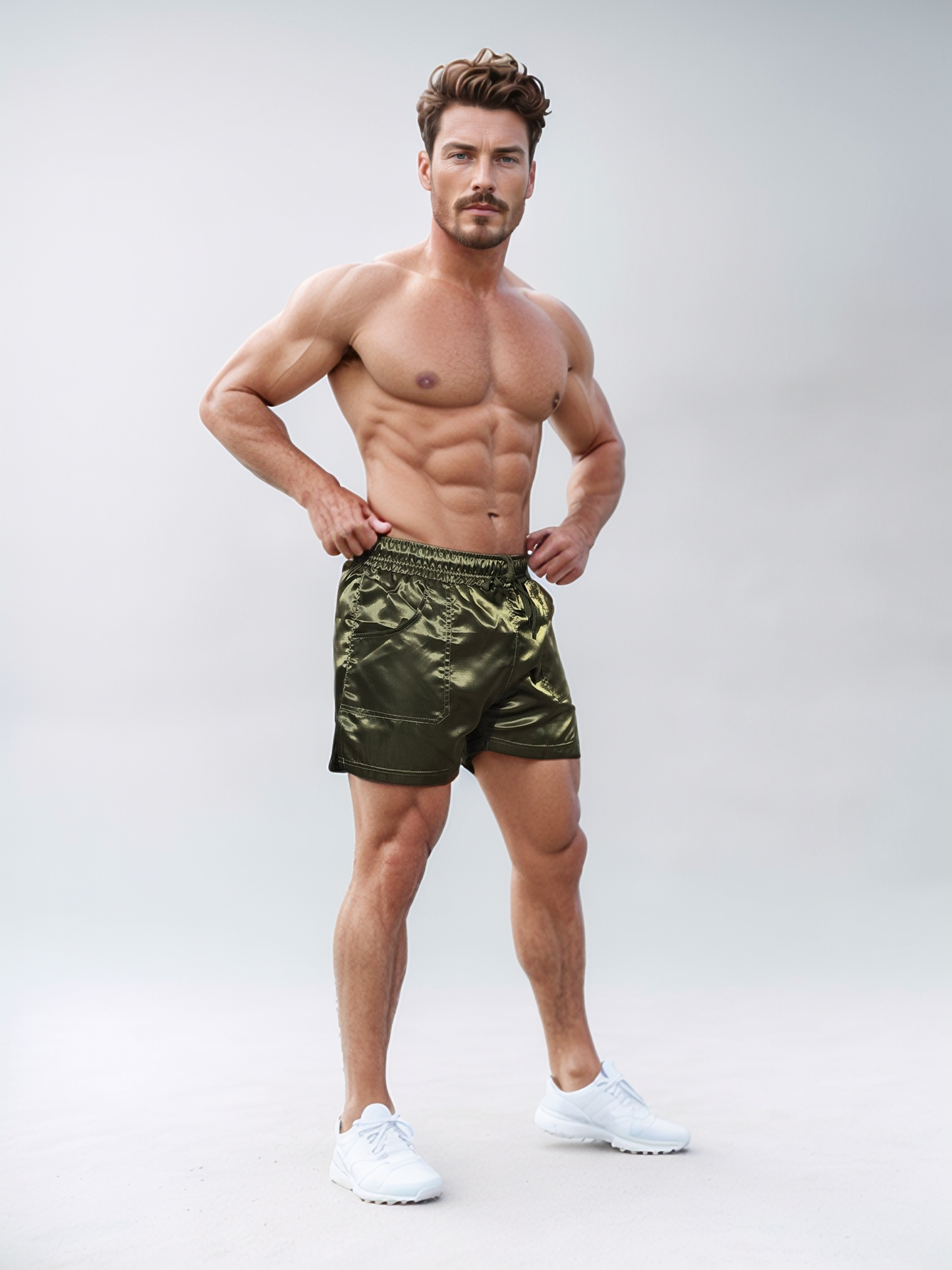 Vintage satin revival shorts in olive green with glossy finish