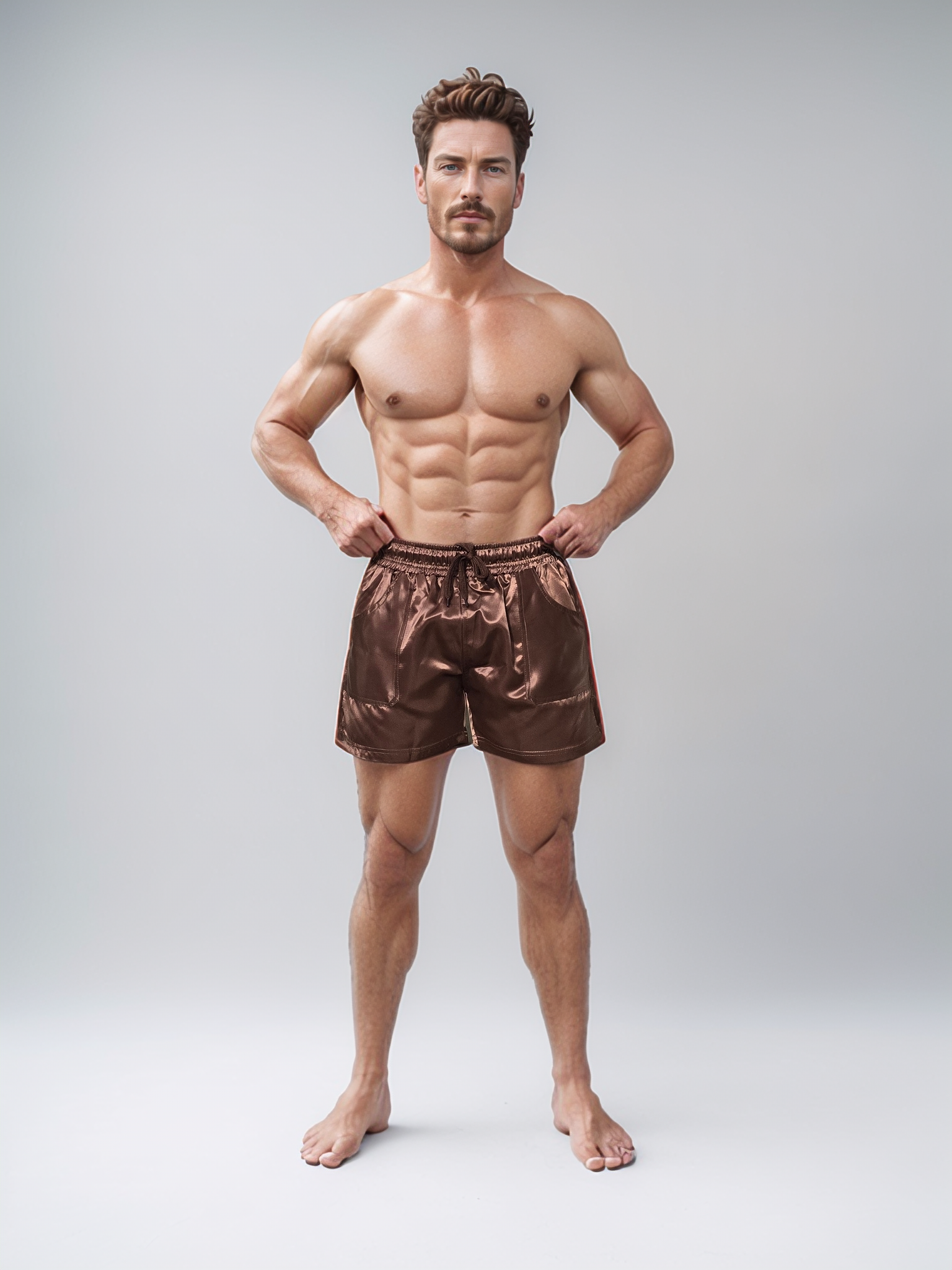 Glossy brown satin retro shorts with elastic waistband