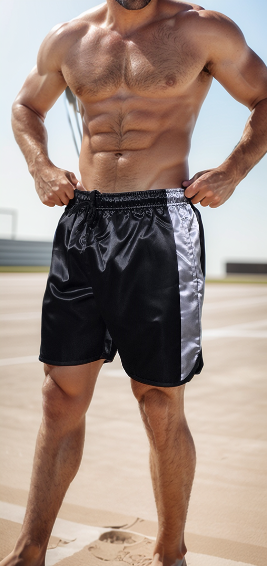 Black Shiny Satin Boxing Shorts with grey Stripes.