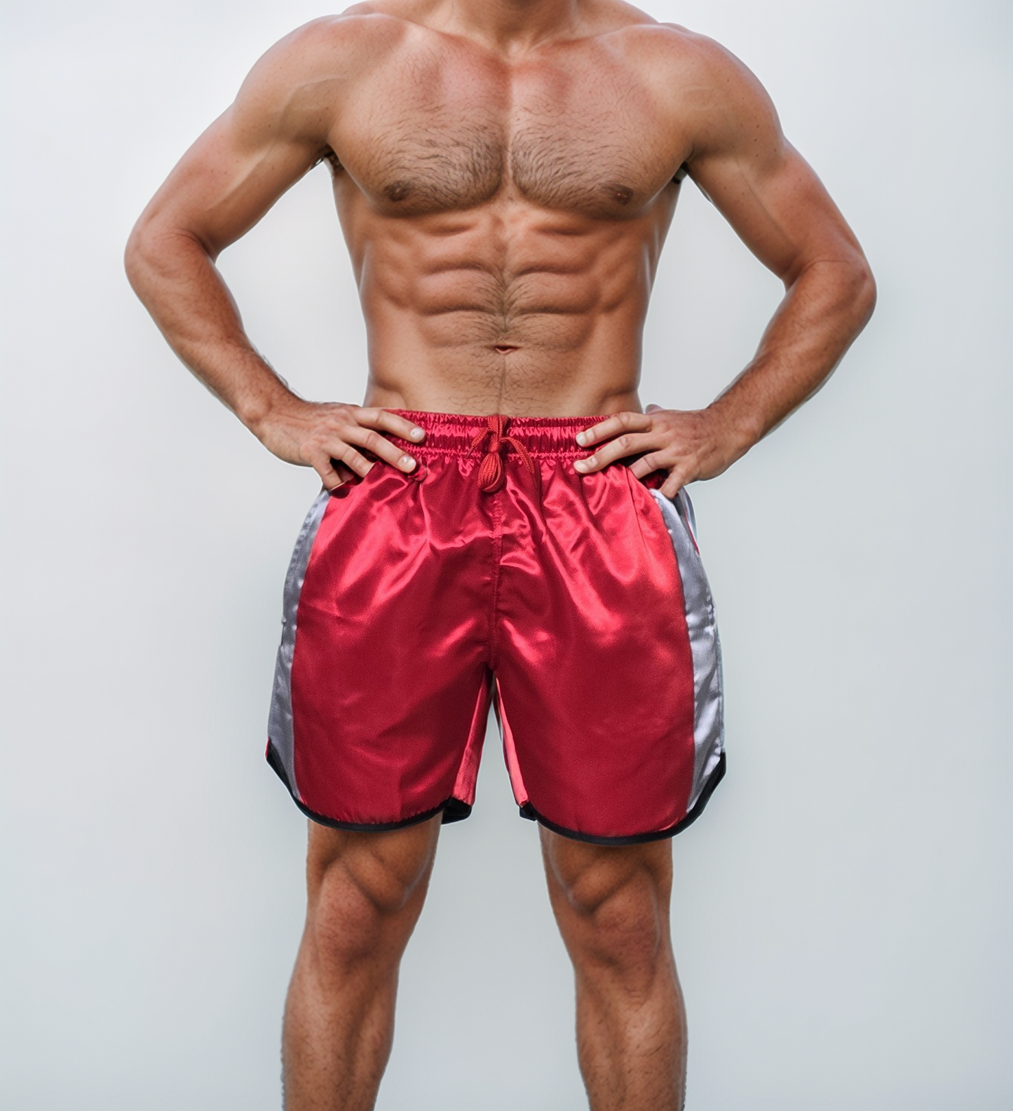 Glossy Red Sports Shorts with grey Stripes.