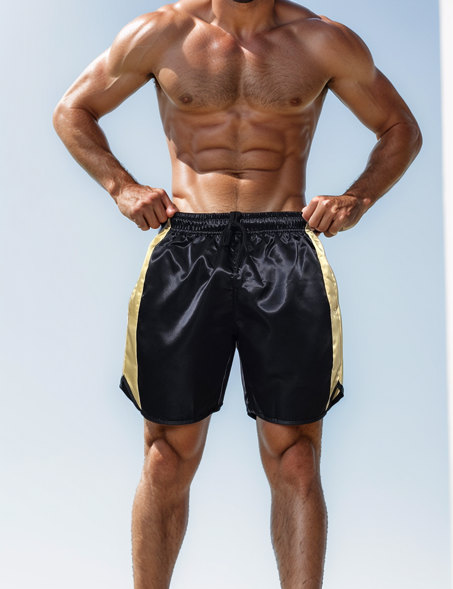 Retro Black Satin Boxing Shorts with Gold Stripes