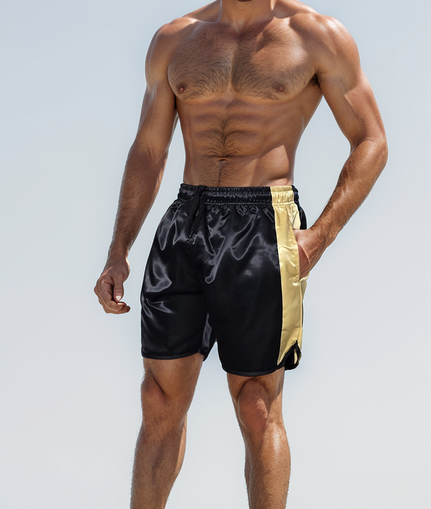 Retro Black Satin Boxing Shorts with Gold Stripes