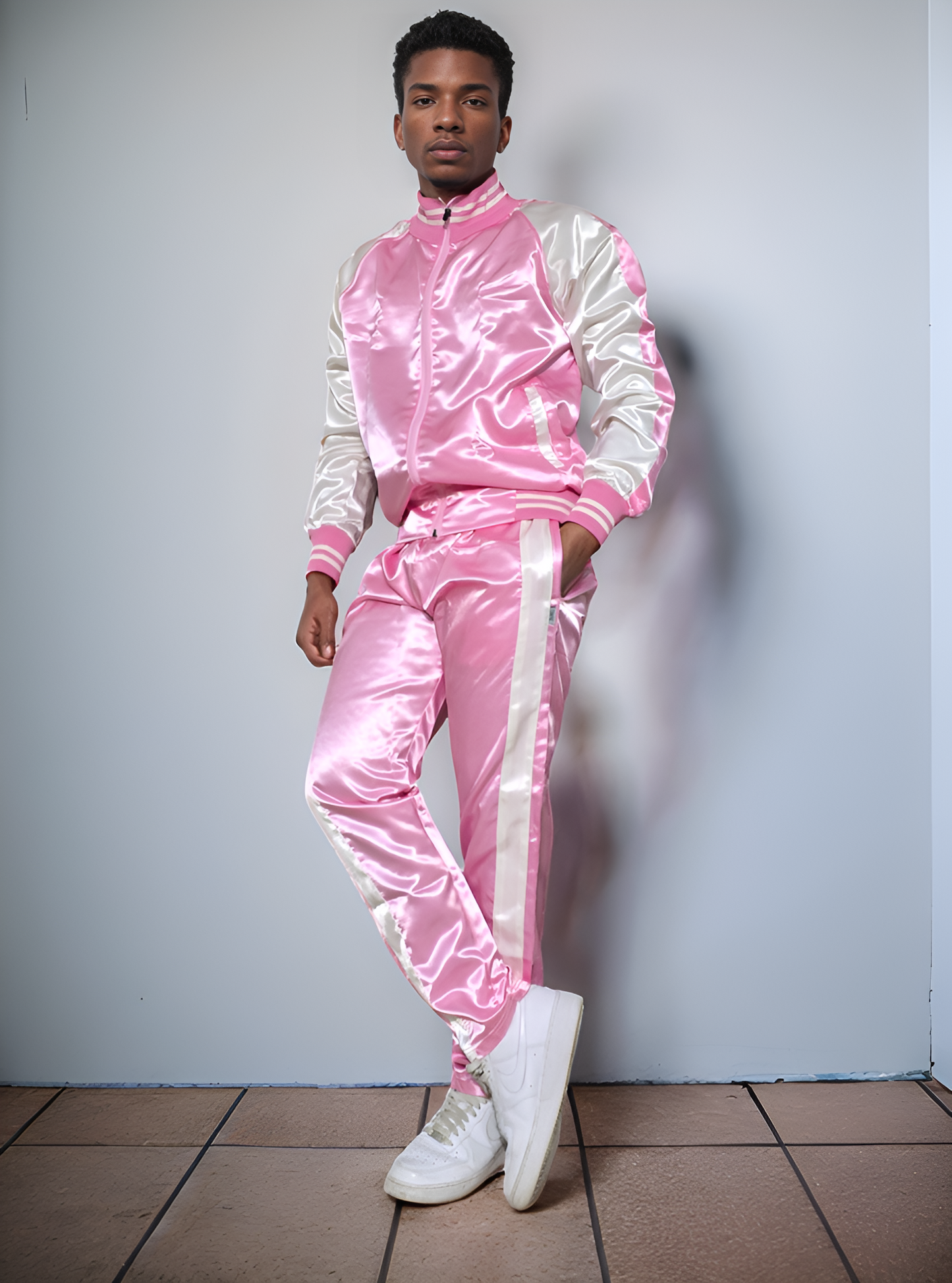 .Pink ,Milk white Satin Sports Jogging Suit with white Stripes.