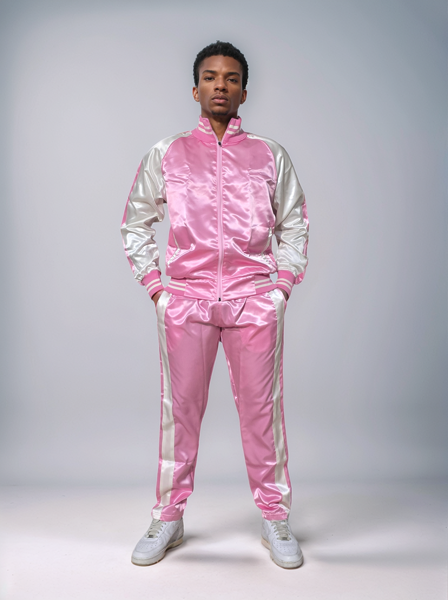 .Pink ,Milk white Satin Sports Jogging Suit with white Stripes.