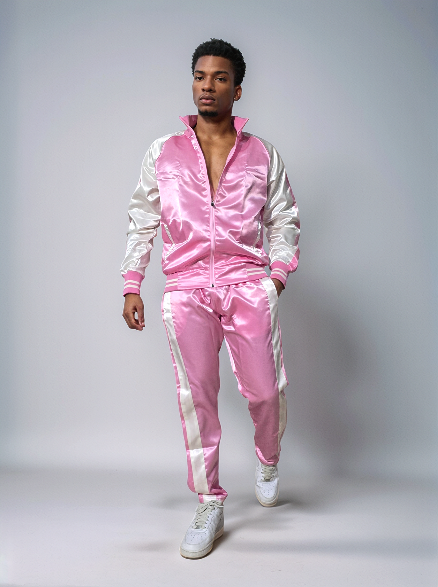 .Pink ,Milk white Satin Sports Jogging Suit with white Stripes.