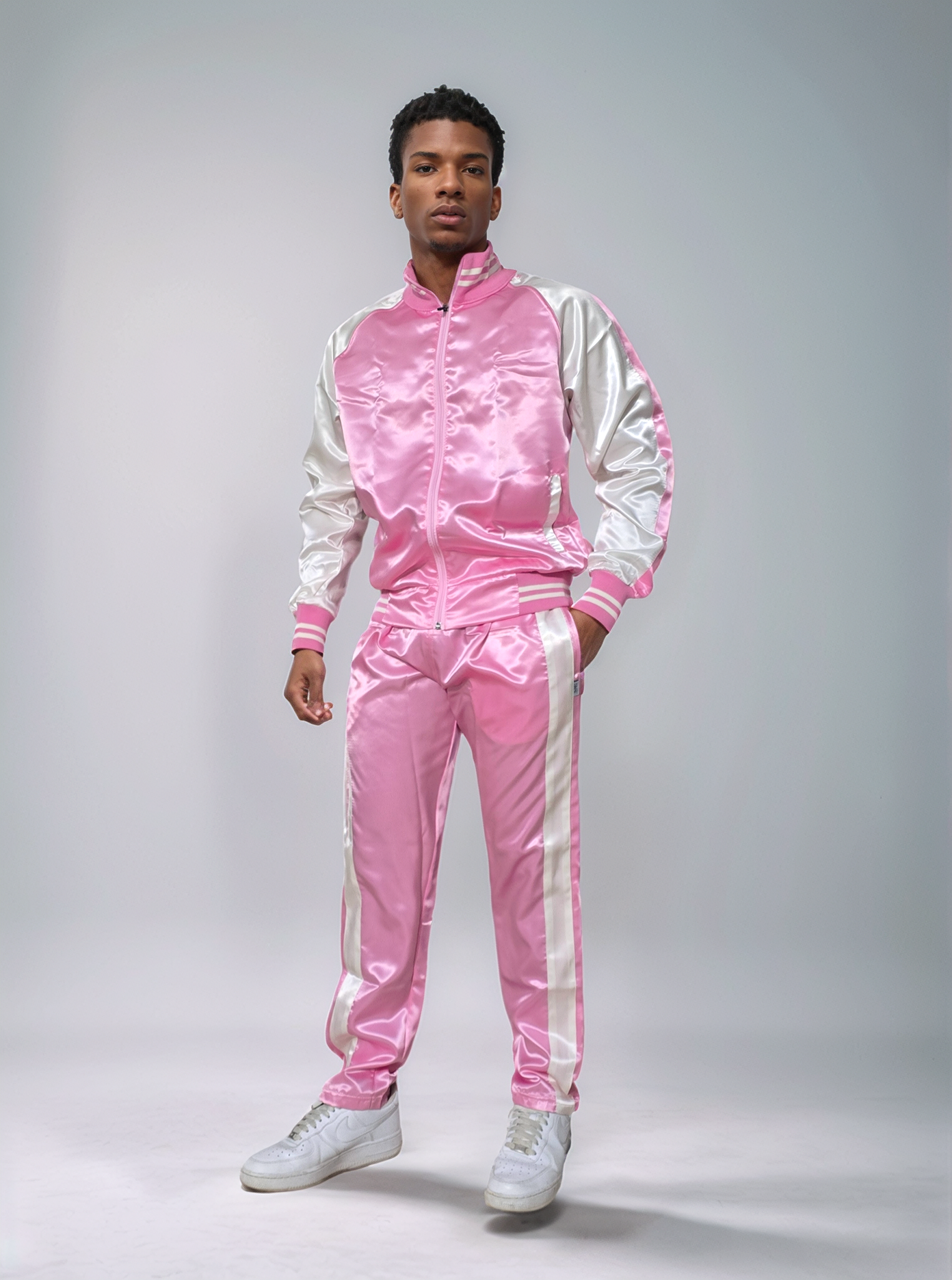 .Pink ,Milk white Satin Sports Jogging Suit with white Stripes.
