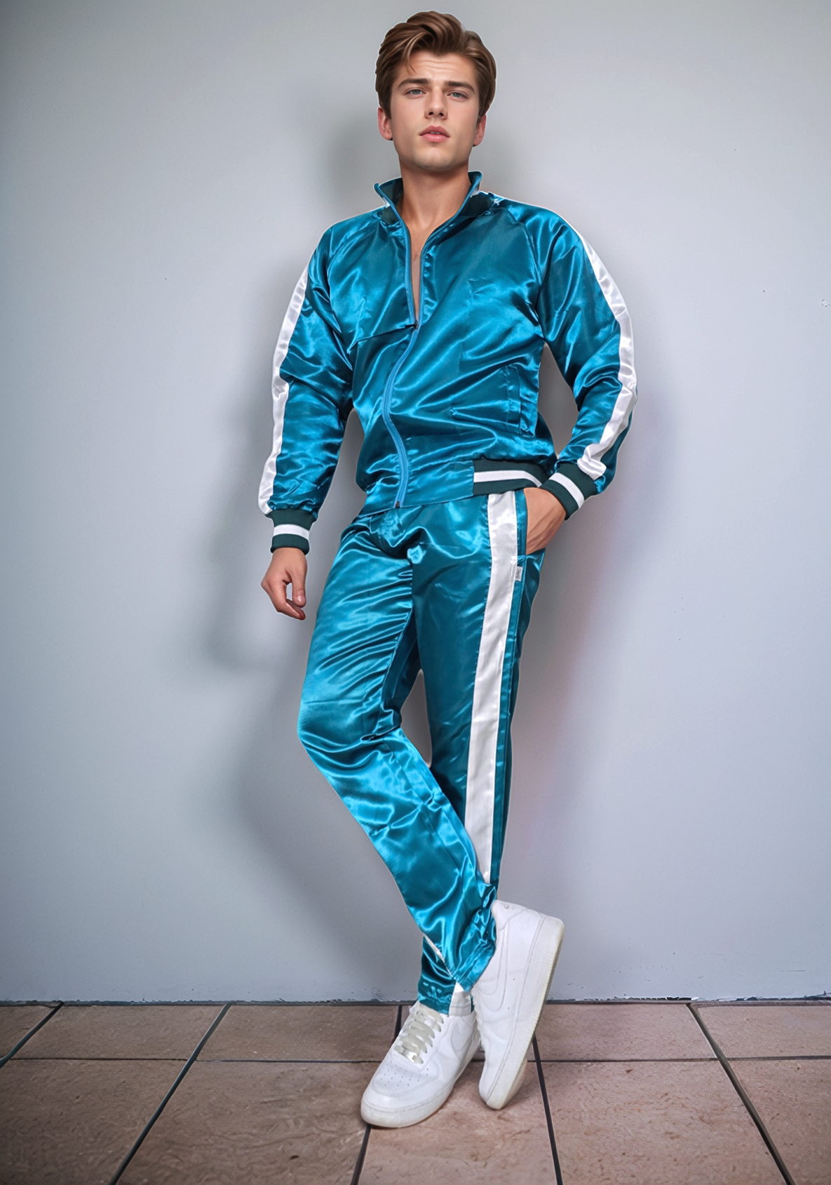 .turquoise Satin Sport Jogging Suit with white Stripes.