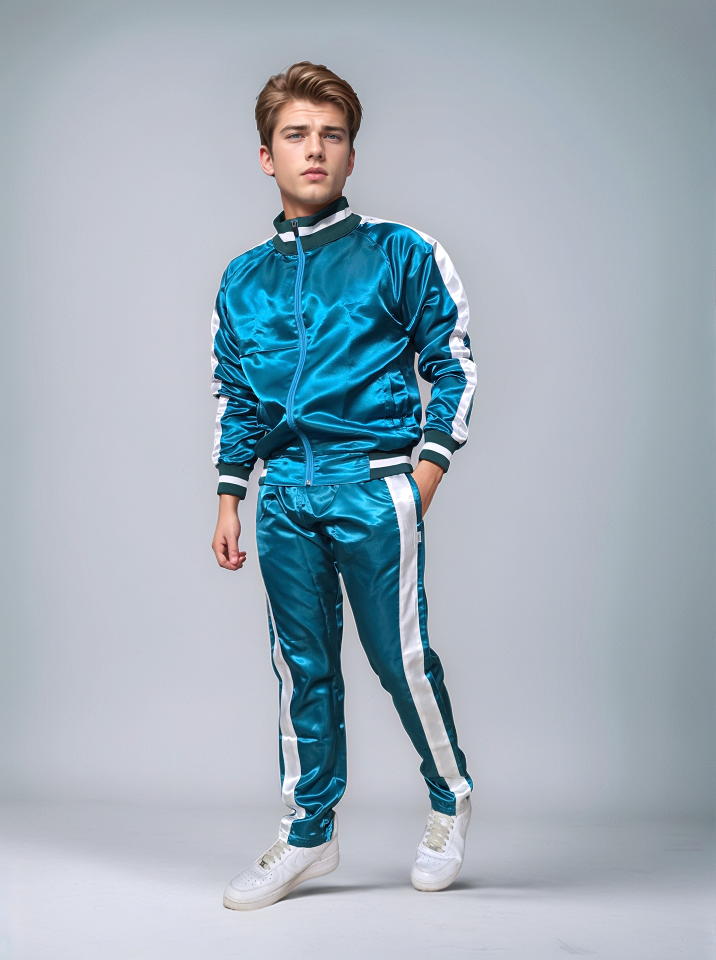 .turquoise Satin Sport Jogging Suit with white Stripes.