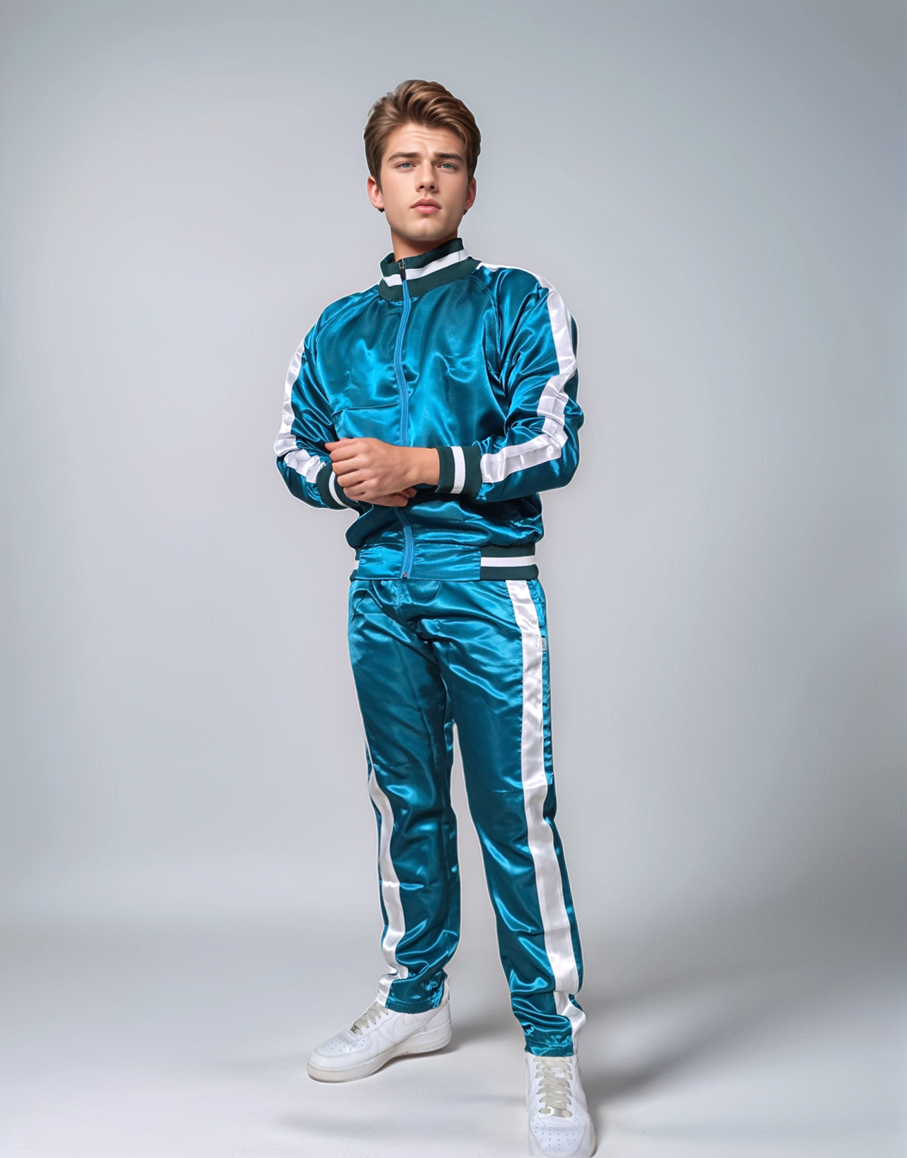 .turquoise Satin Sport Jogging Suit with white Stripes.