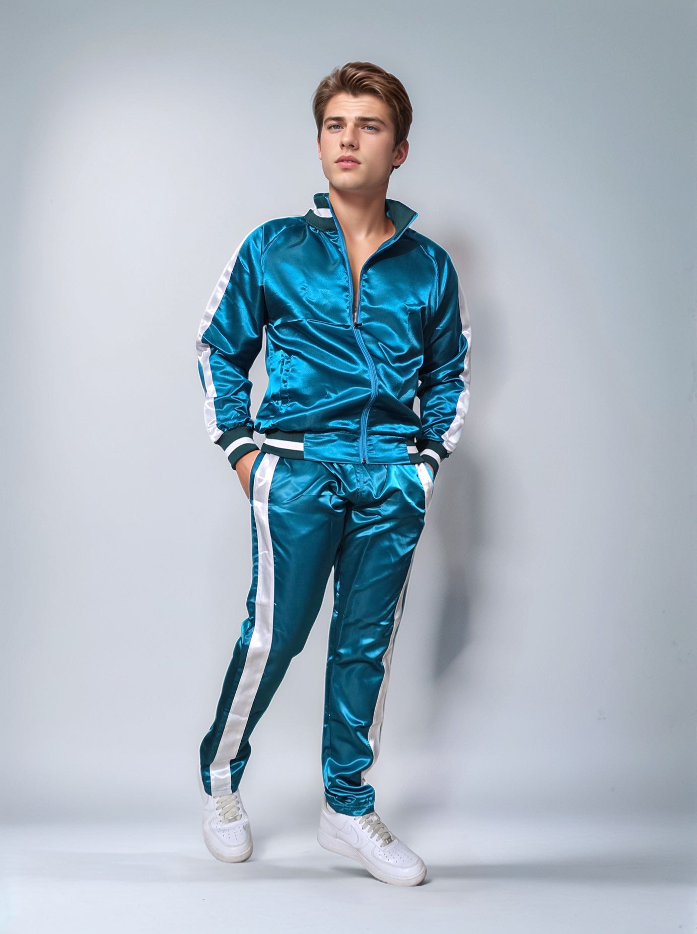 .turquoise Satin Sport Jogging Suit with white Stripes.