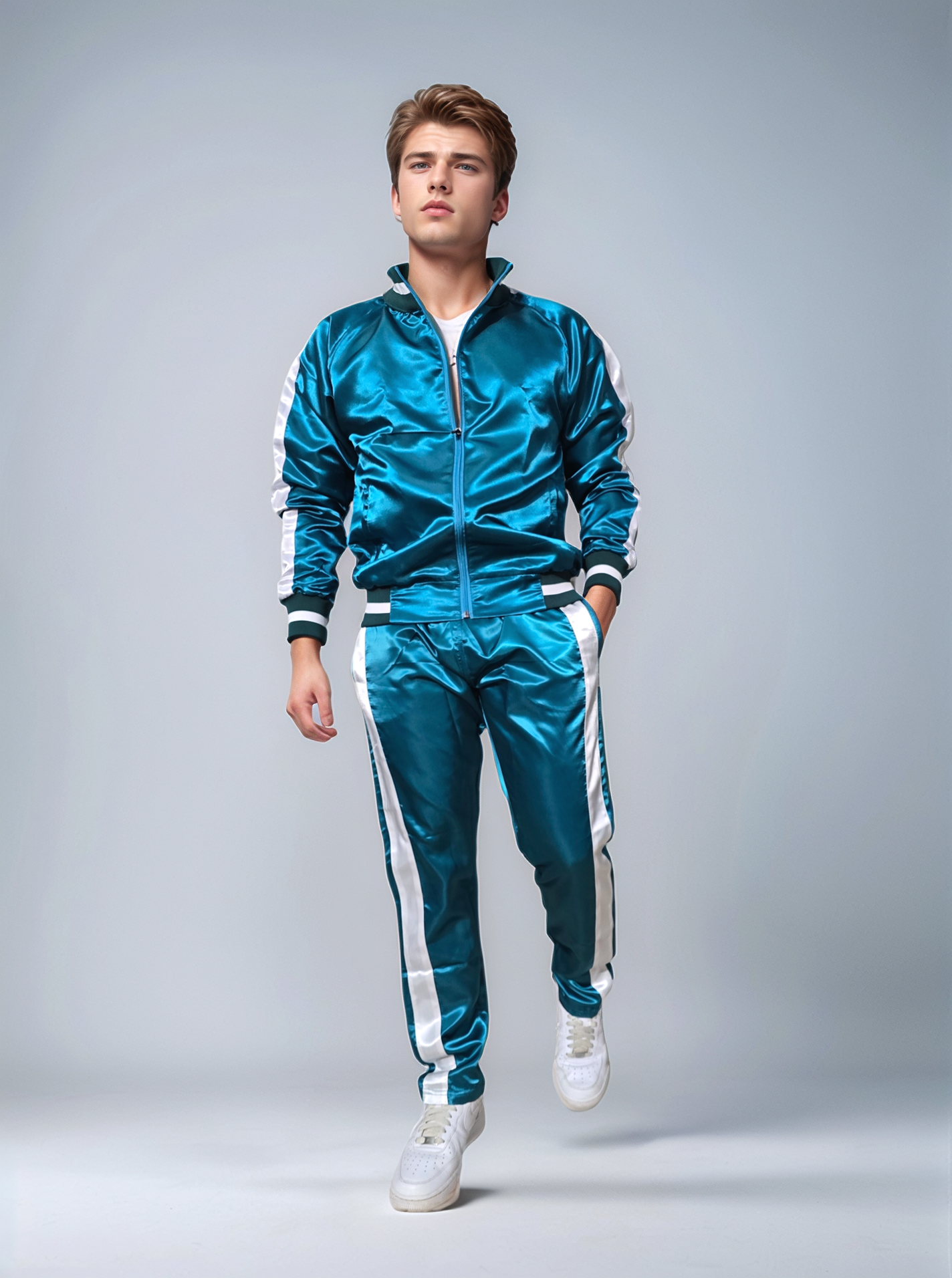 .turquoise Satin Sport Jogging Suit with white Stripes.