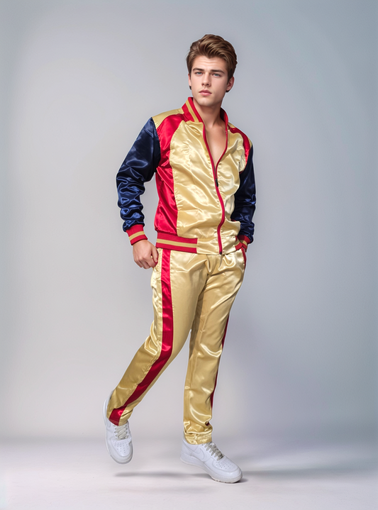 Shimmering Elegance: Gold and Red Satin Nylon Activewear Ensemble