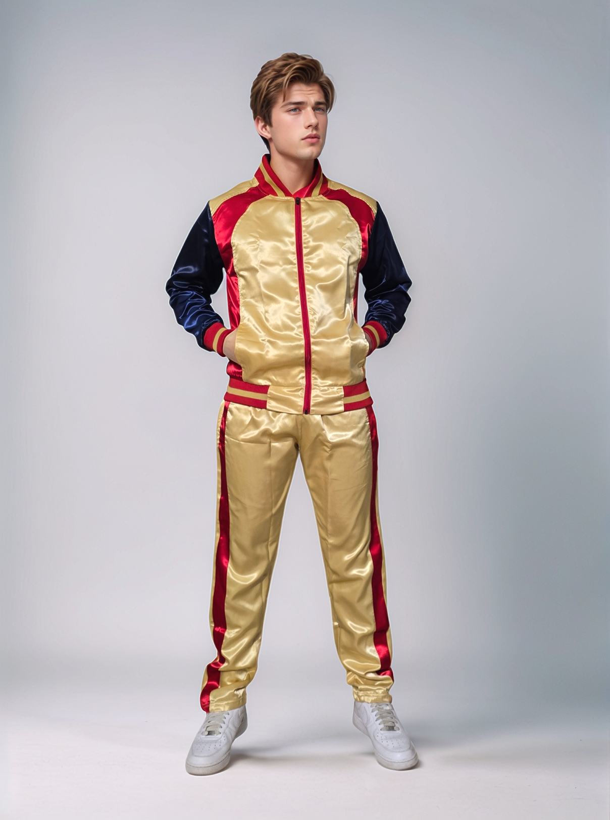.Shimmering Elegance: Gold and Red Satin Nylon Activewear Ensemble