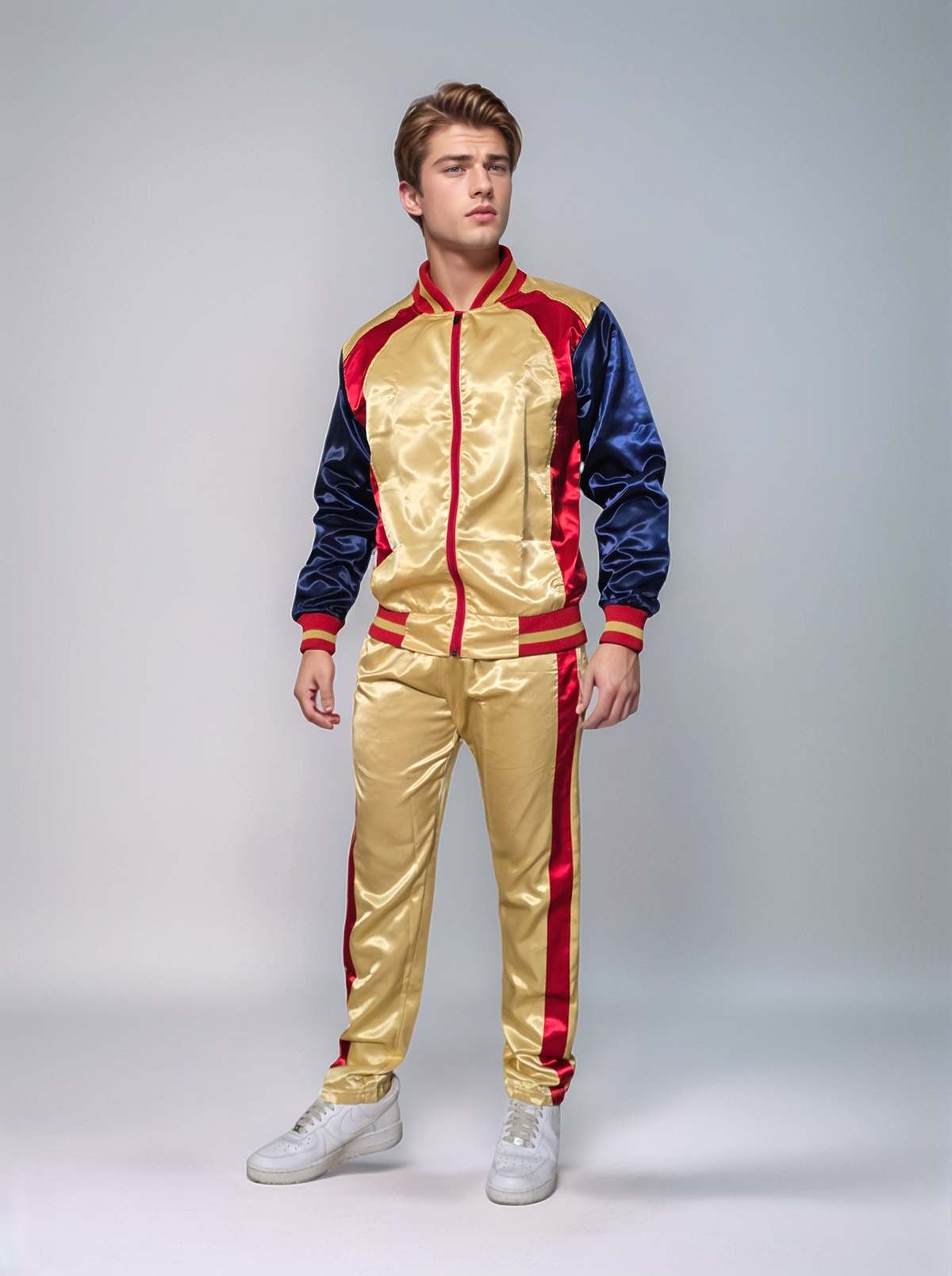 .Shimmering Elegance: Gold and Red Satin Nylon Activewear Ensemble