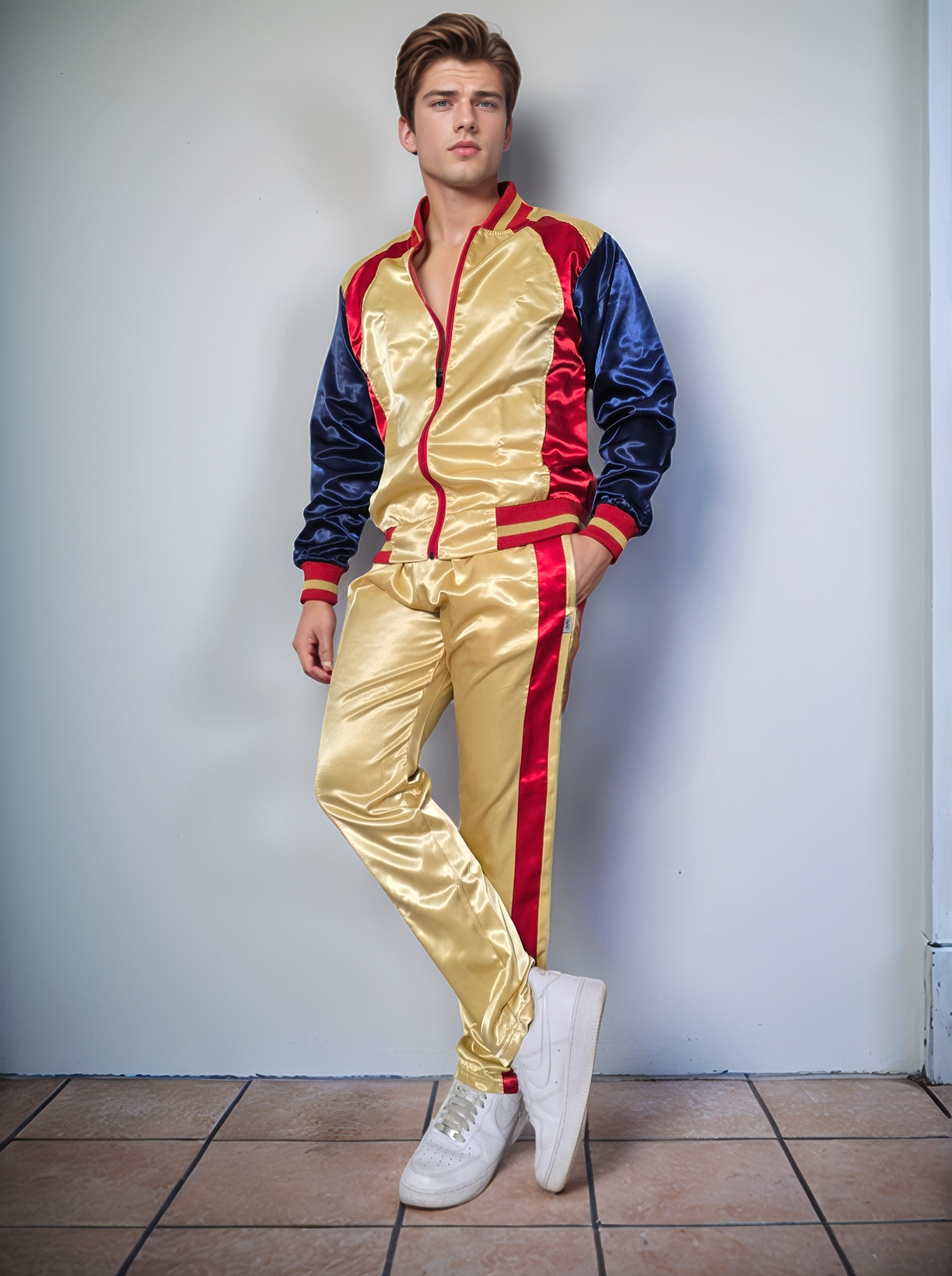 .Shimmering Elegance: Gold and Red Satin Nylon Activewear Ensemble