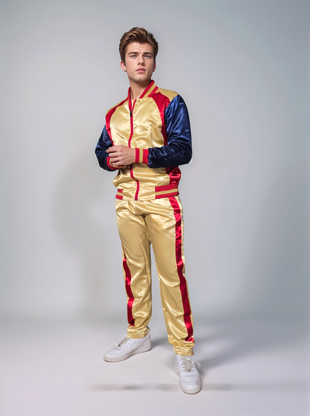 .Shimmering Elegance: Gold and Red Satin Nylon Activewear Ensemble