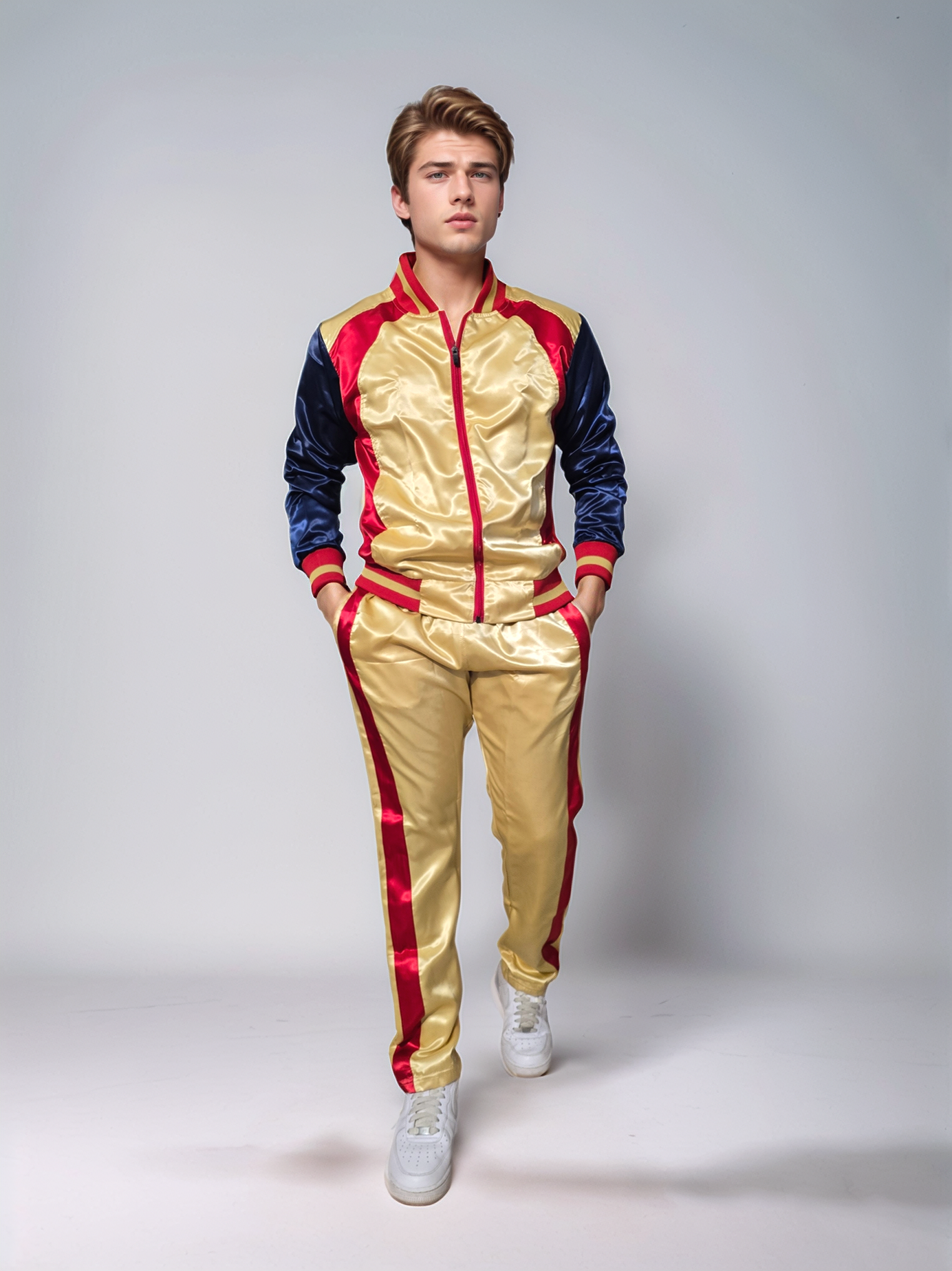 .Shimmering Elegance: Gold and Red Satin Nylon Activewear Ensemble