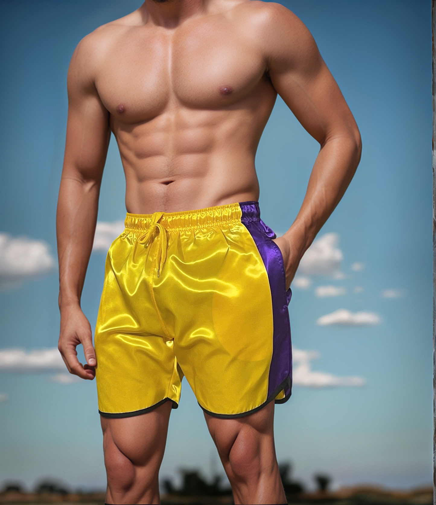 Glossy Yellow Sports Shorts with Purple Stripes.