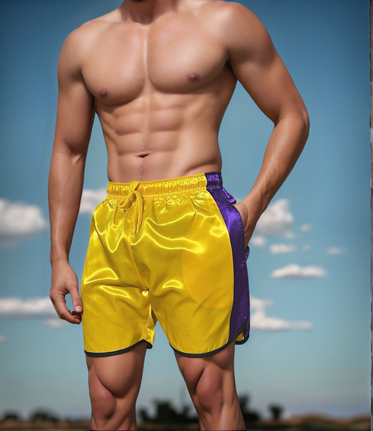 Glossy Yellow Sports Shorts with Purple Stripes.