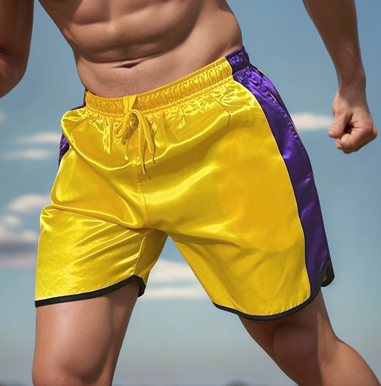 Glossy Yellow Sports Shorts with Purple Stripes.