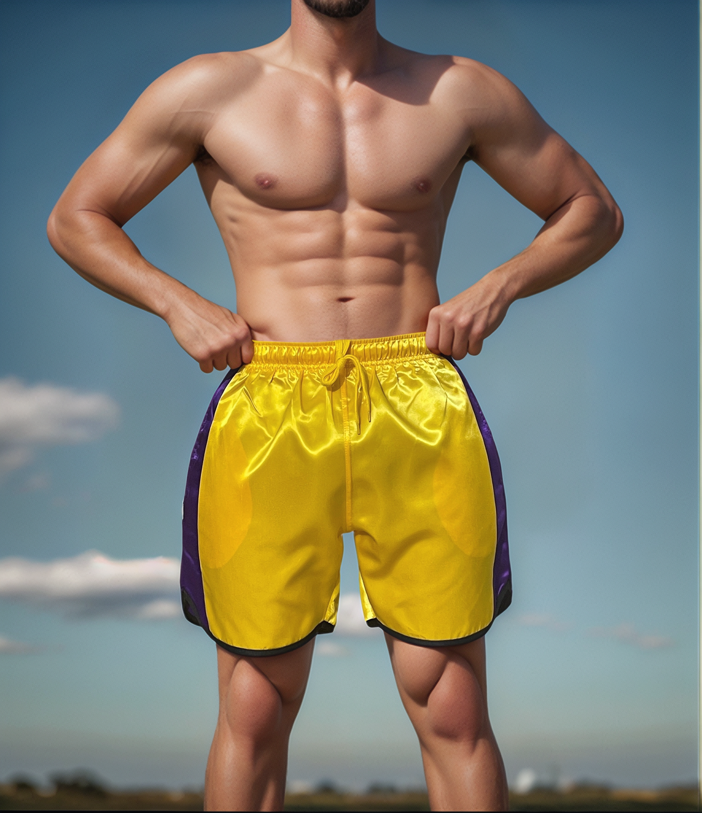 Glossy Yellow Sports Shorts with Purple Stripes.