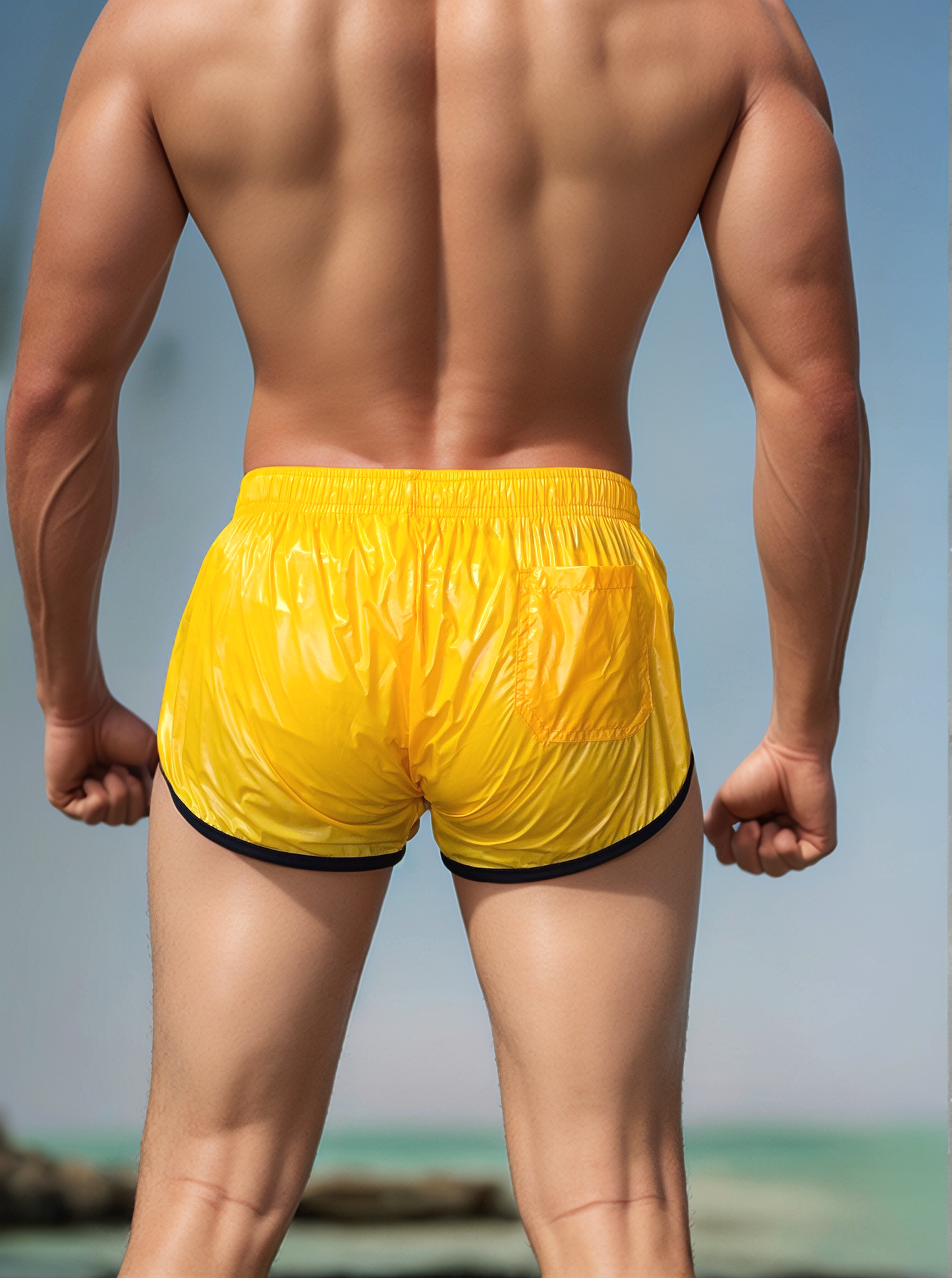 PU Nylon Gelb Schwarz High Cut Sport Sprint Shorts mit Gummizug Retro Shorts