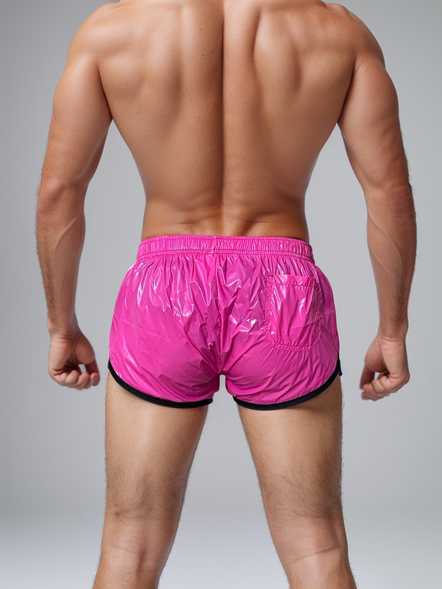 PU Nylon Pink Schwarz High Cut Sport Sprint Shorts mit Gummizug Retro Shorts