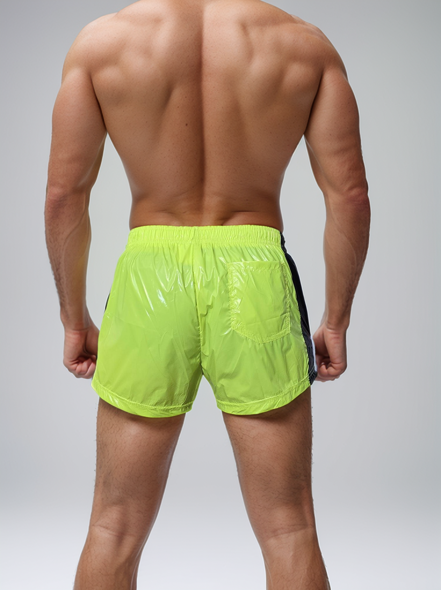 Neon Green PU Nylon Retro Sports Shorts.