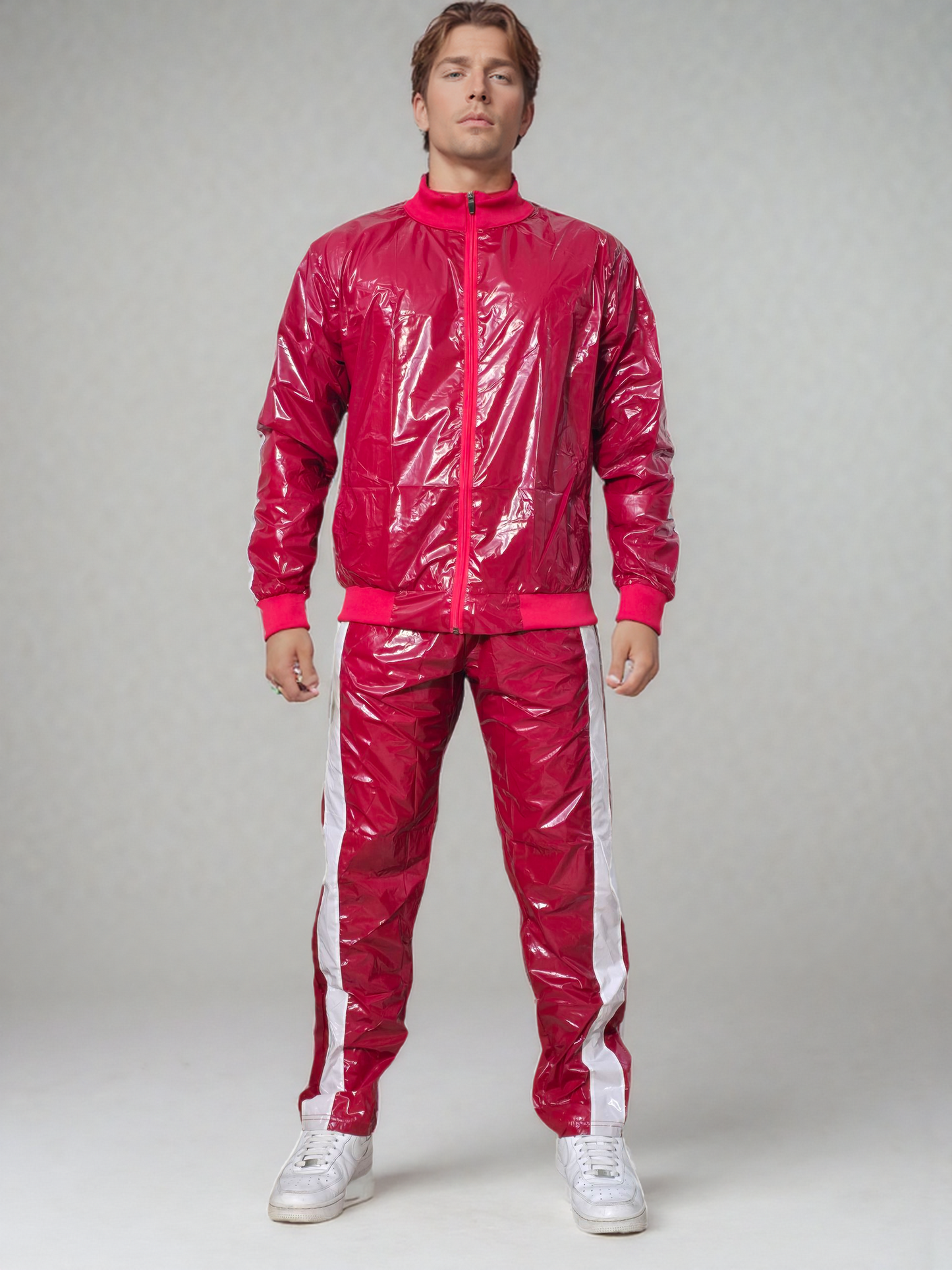 .PU Nylon Tracksuit –Red,White  Premium Shine Look