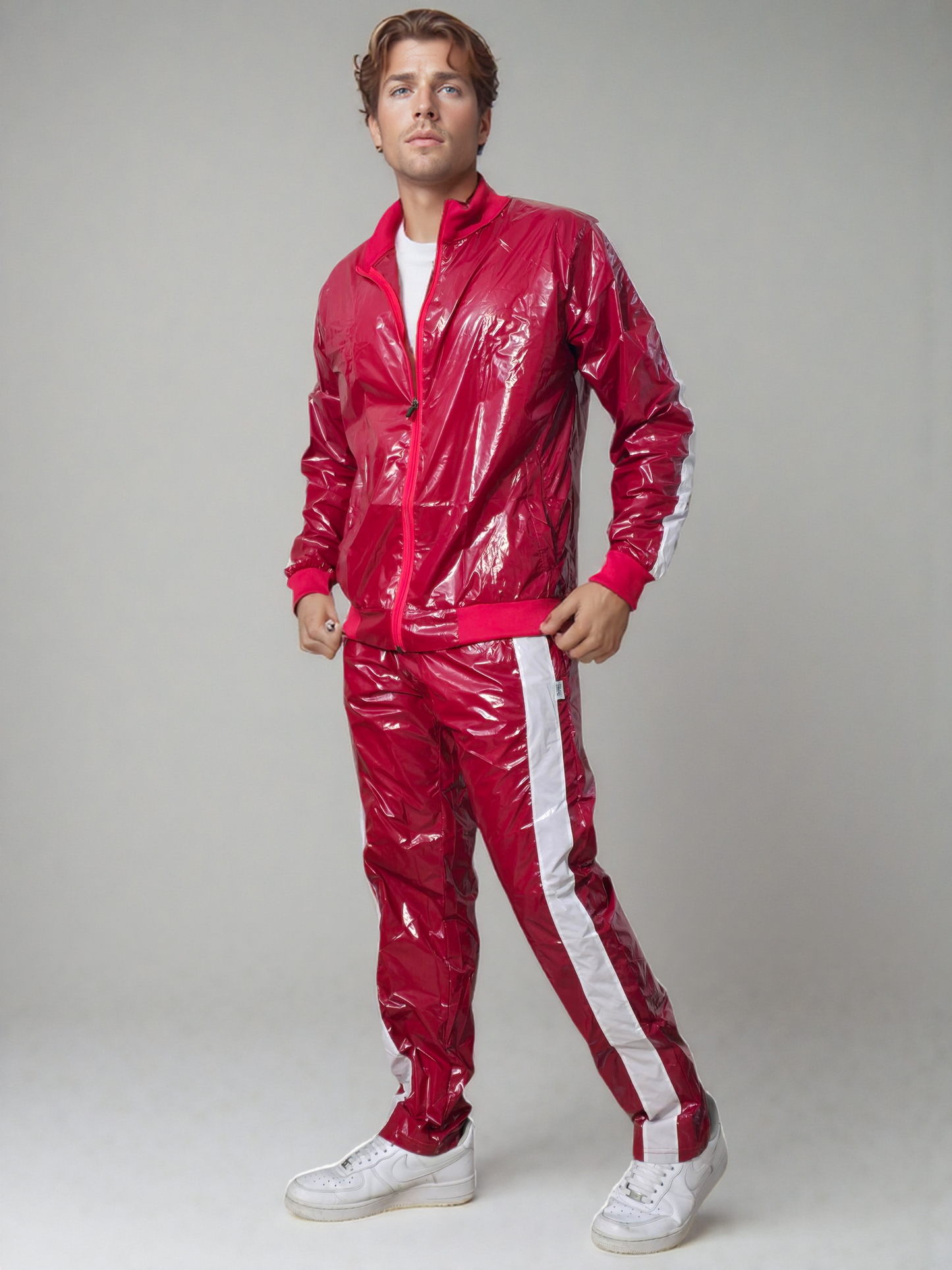 .PU Nylon Tracksuit –Red,White  Premium Shine Look