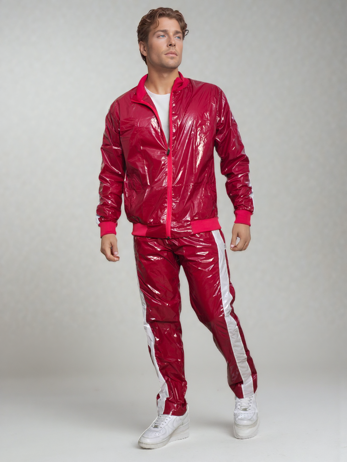.PU Nylon Tracksuit –Red,White  Premium Shine Look