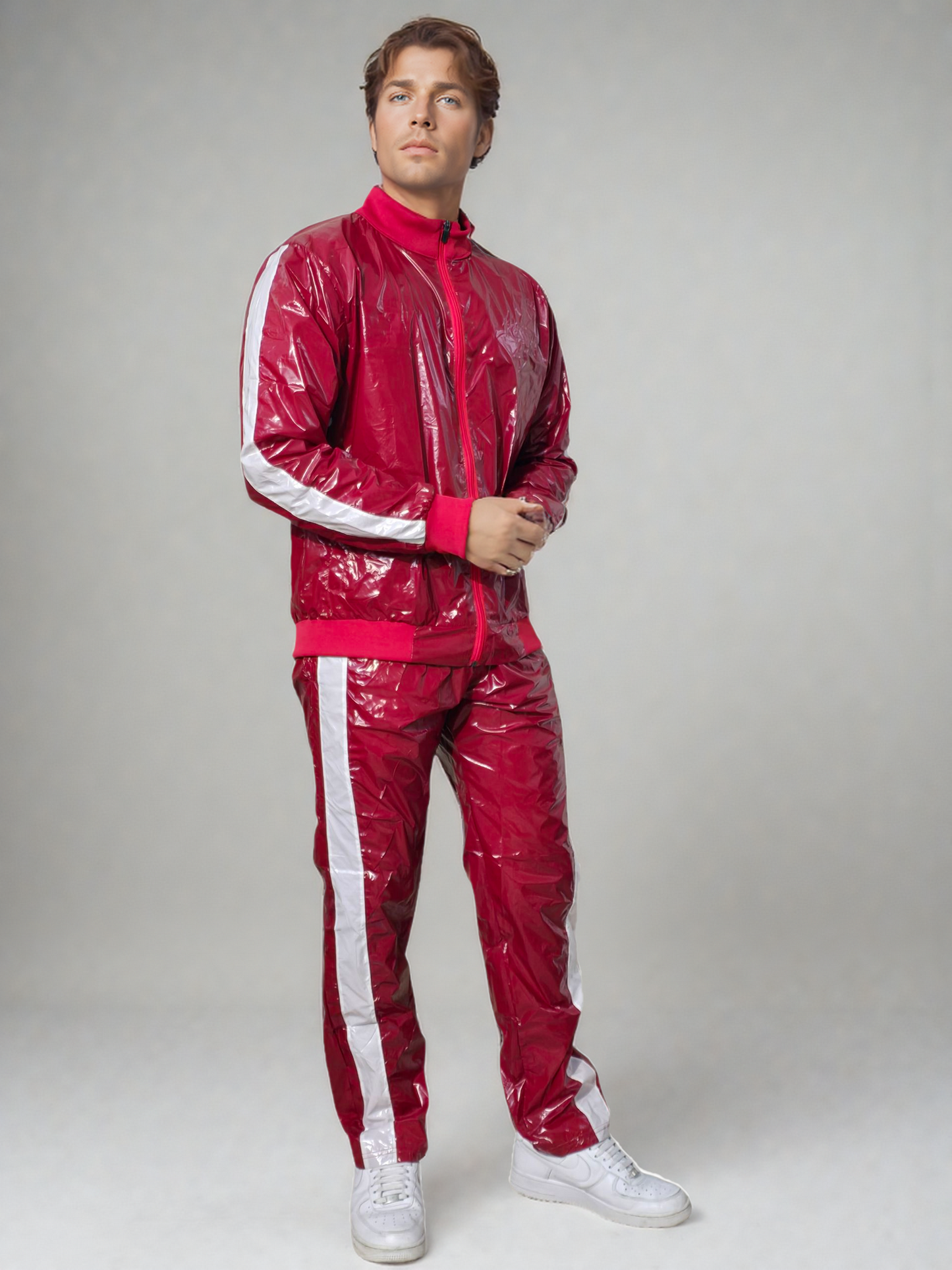 .PU Nylon Tracksuit –Red,White  Premium Shine Look