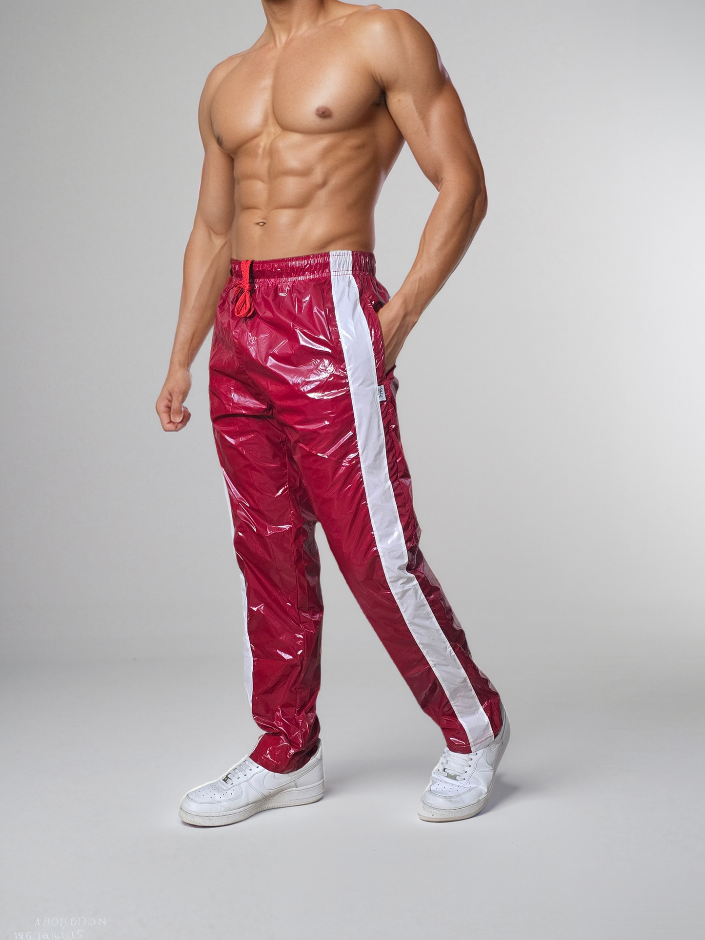 .Shiny Red PU Nylon Sport Jogging Trouser - Glossy PU Nylon Pants