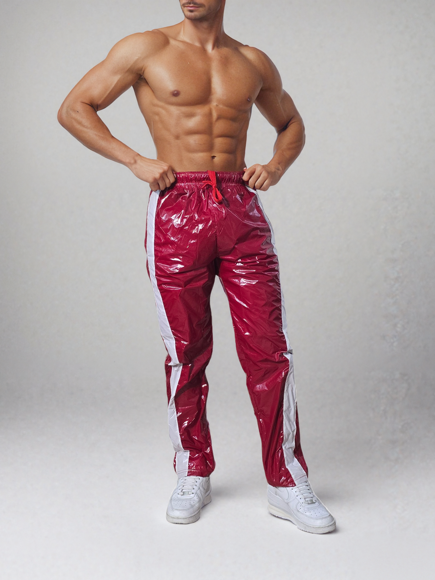 .Shiny Red PU Nylon Sport Jogging Trouser - Glossy PU Nylon Pants