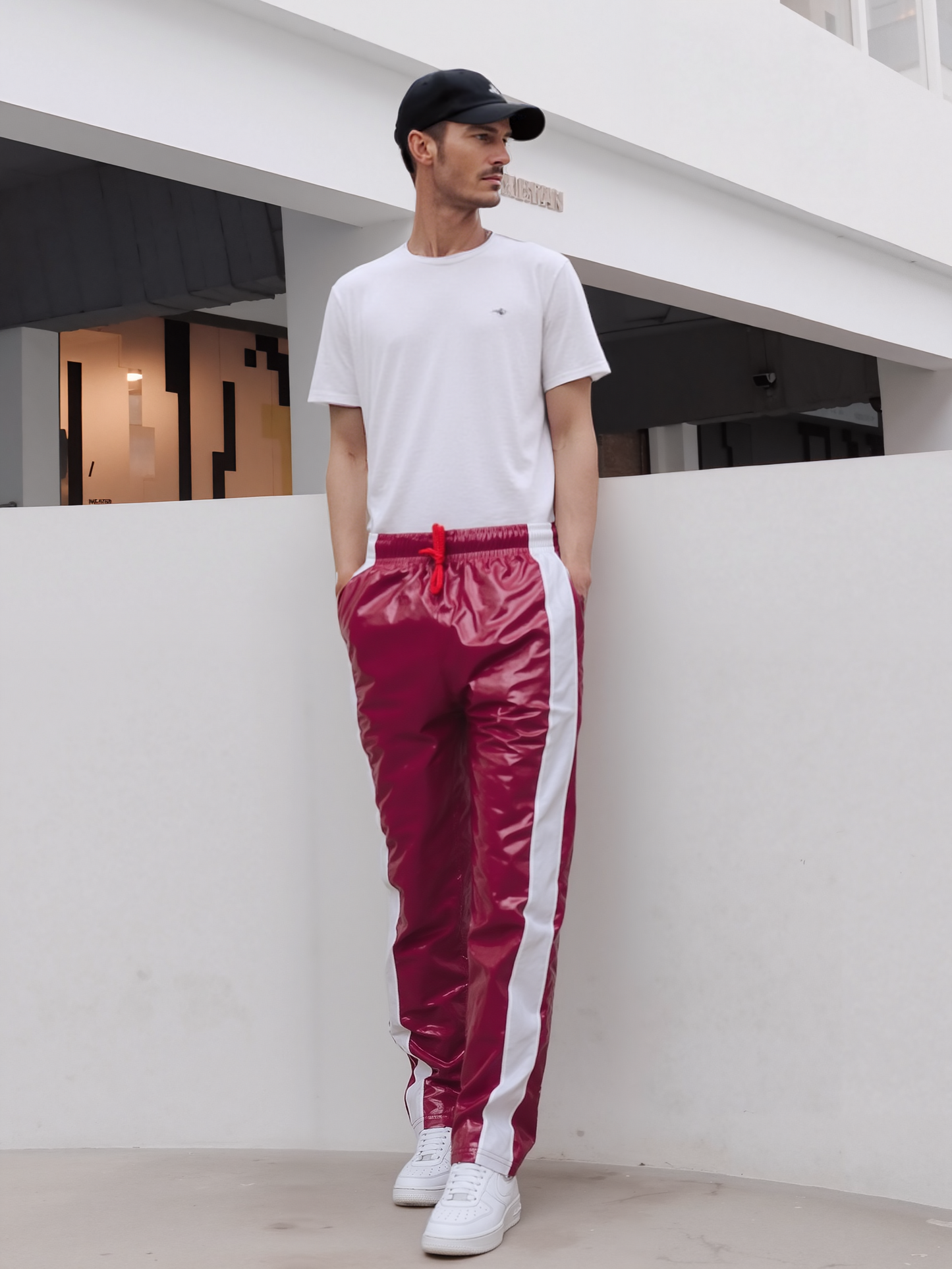 .Shiny Red PU Nylon Sport Jogging Trouser - Glossy PU Nylon Pants