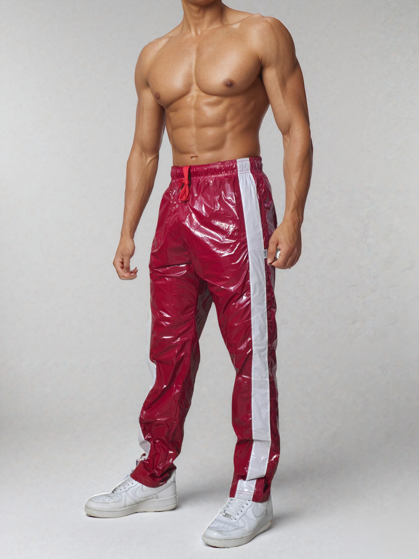 .Shiny Red PU Nylon Sport Jogging Trouser - Glossy PU Nylon Pants