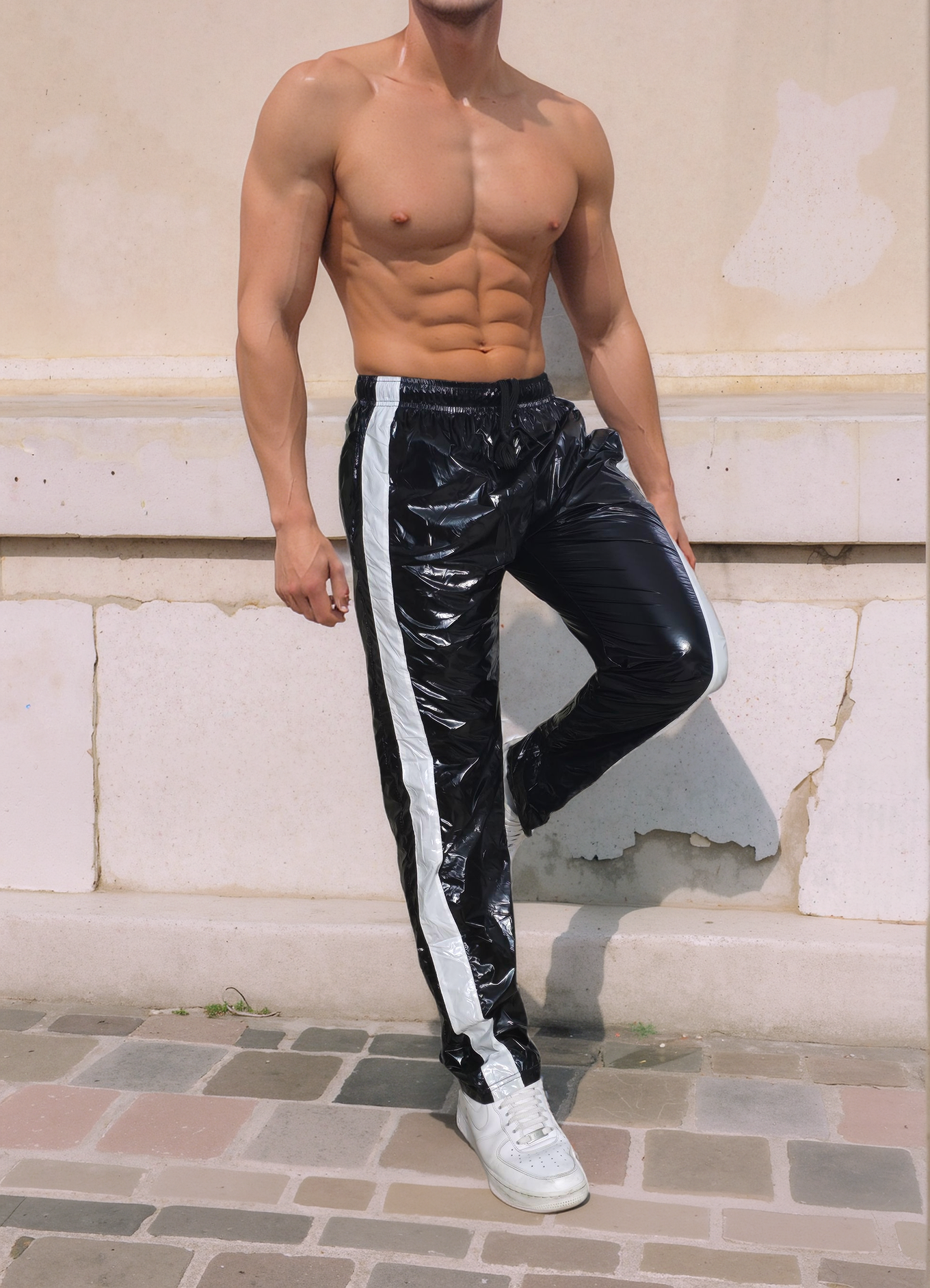 .Shiny Black PU Nylon Sport Jogging Trouser - Glossy PU Nylon Pants