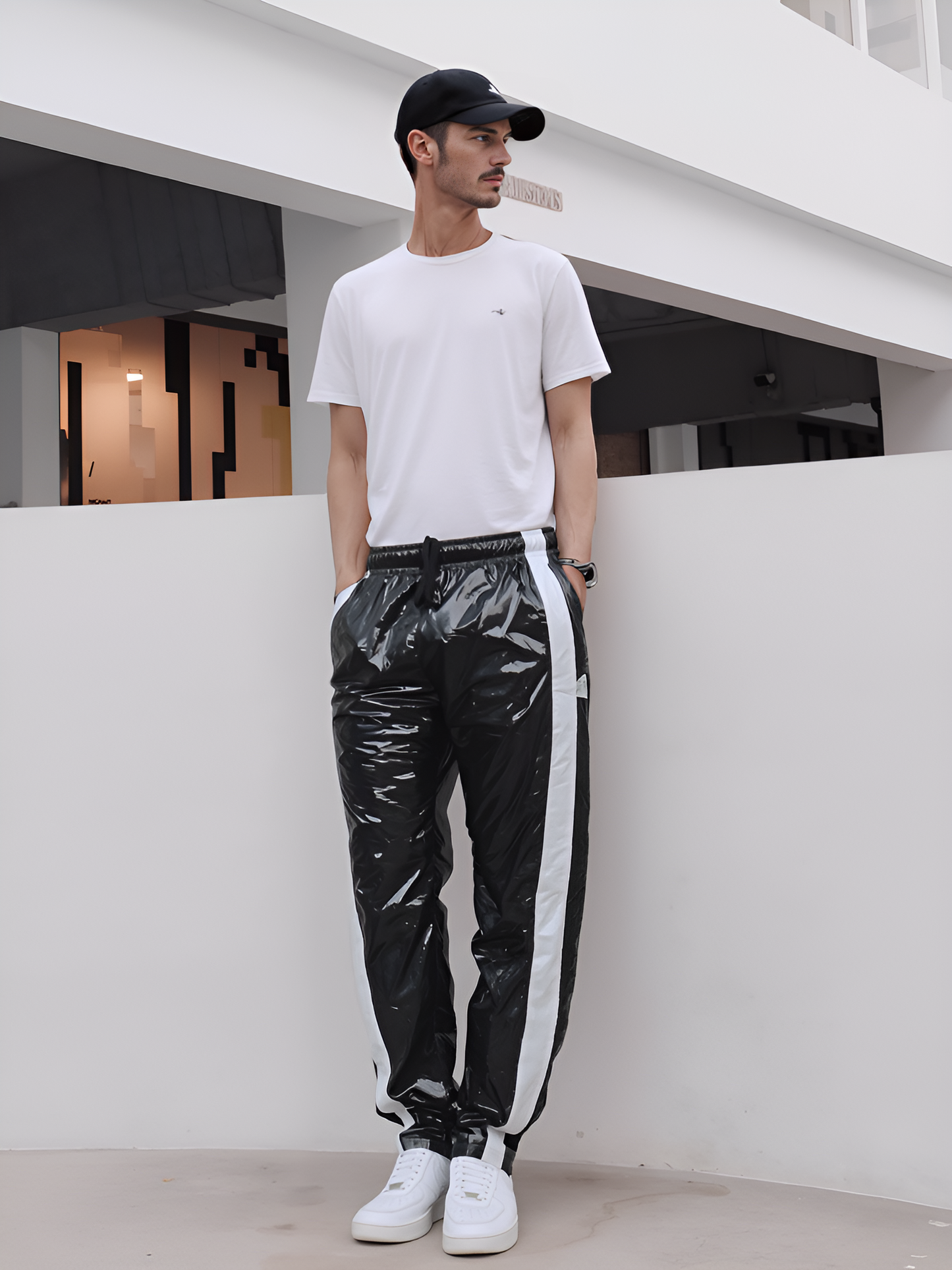 .Shiny Black PU Nylon Sport Jogging Trouser - Glossy PU Nylon Pants