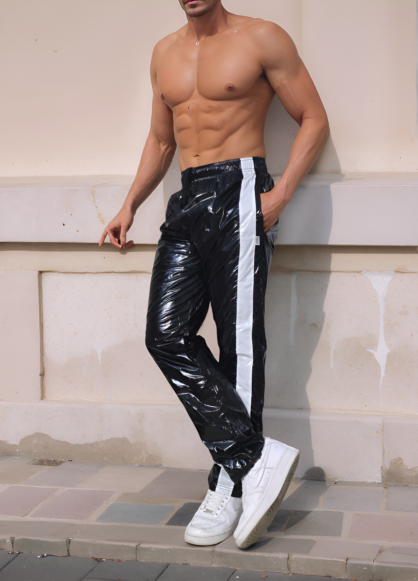 .Shiny Black PU Nylon Sport Jogging Trouser - Glossy PU Nylon Pants