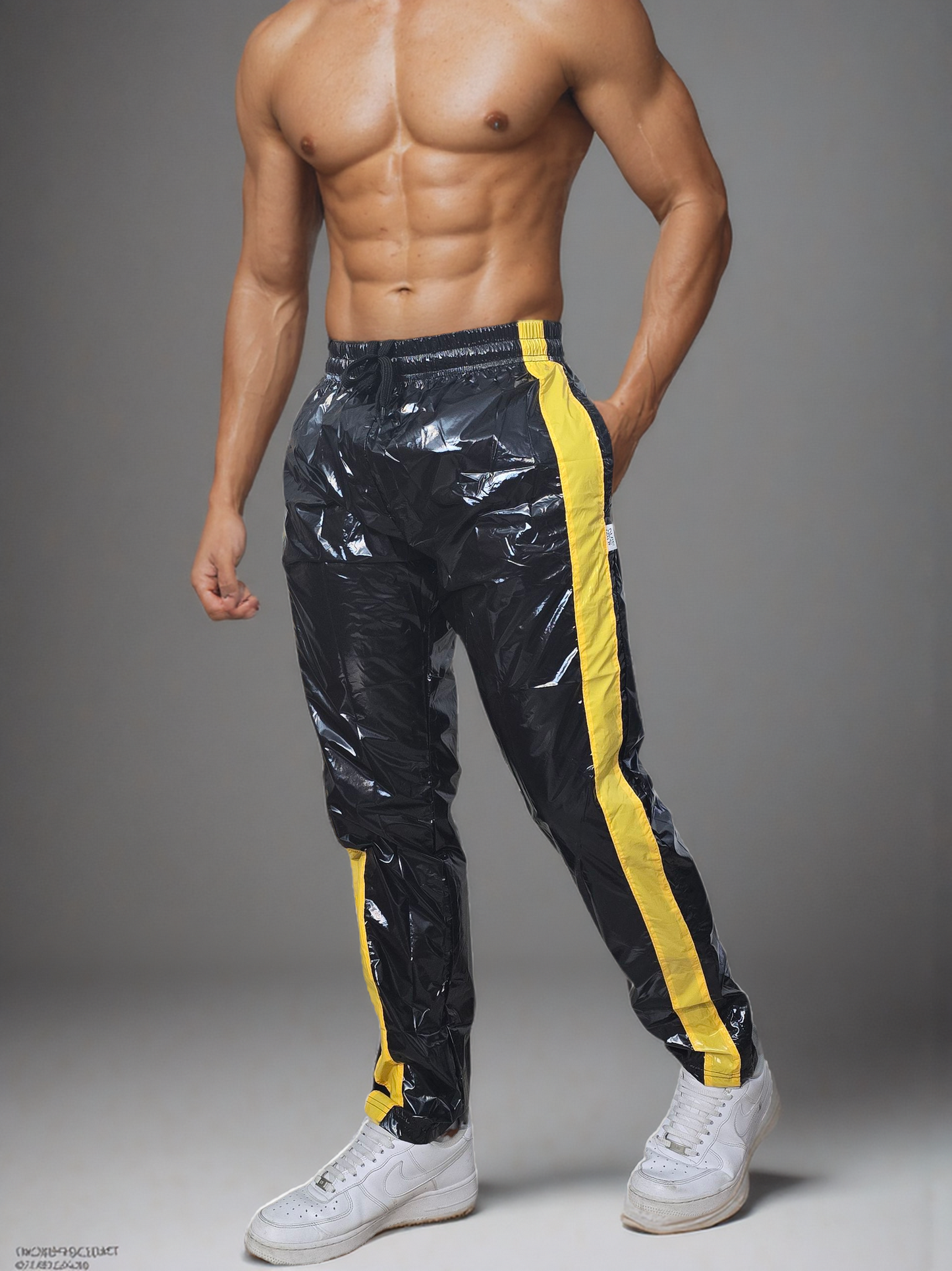 .PU nylon sport jogging pants made of PU gloss nylon yellow strips
