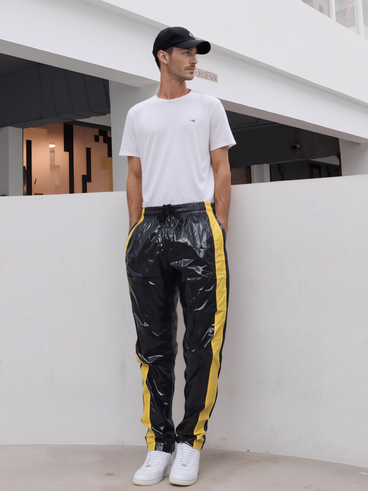 .PU nylon sport jogging pants made of PU gloss nylon yellow strips