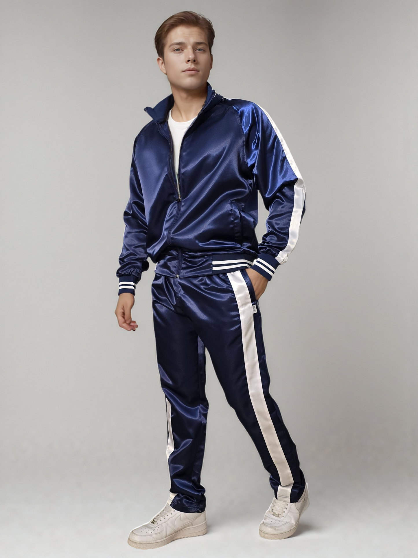 .Navy Blue Satin Sports Jogging Suit with white Stripes.