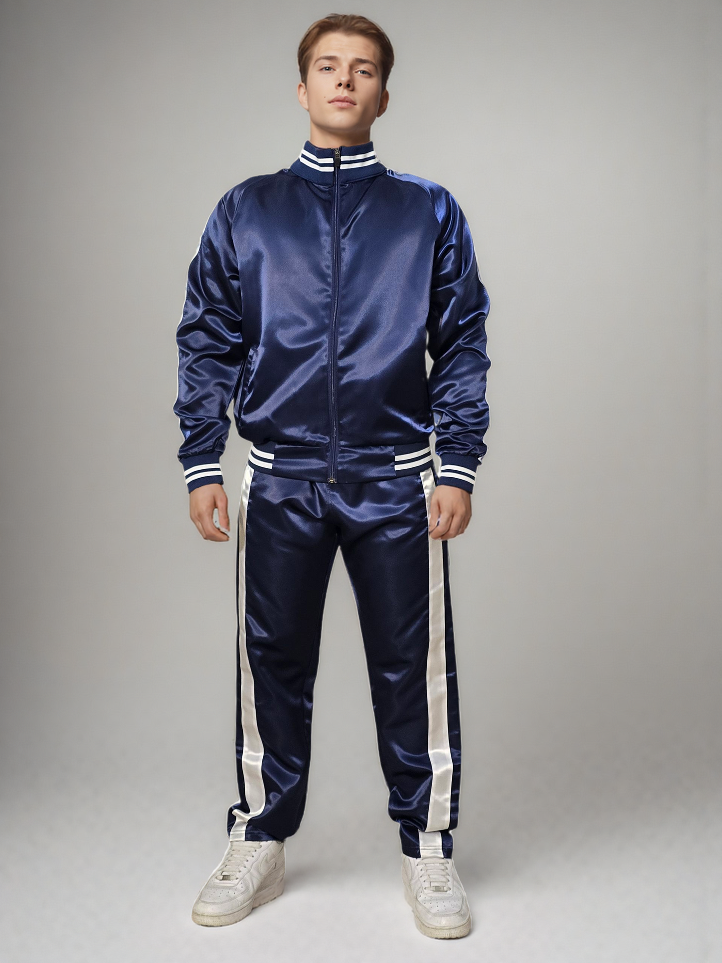 .Navy Blue Satin Sports Jogging Suit with white Stripes.