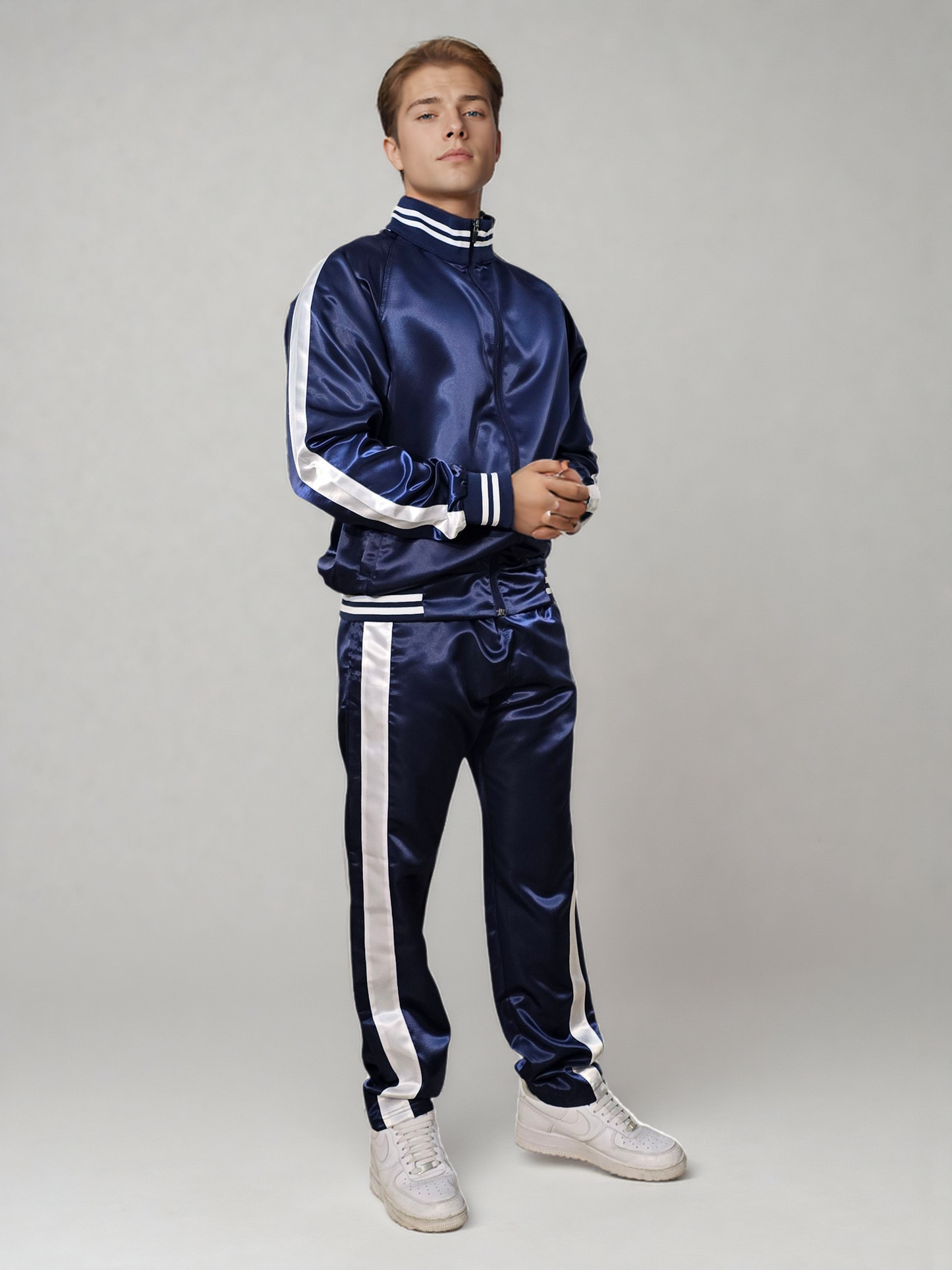 .Navy Blue Satin Sports Jogging Suit with white Stripes.